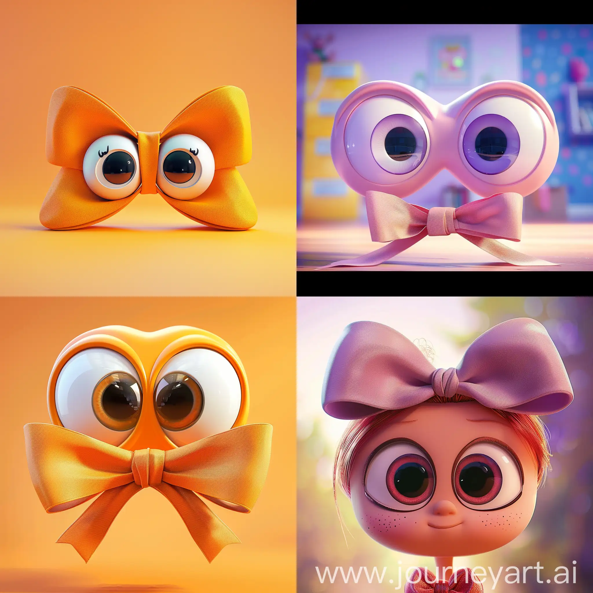 бант  с большими глазами эмоциональный  вид сбоку 
симметричный анимация pixar на ярком   фоне