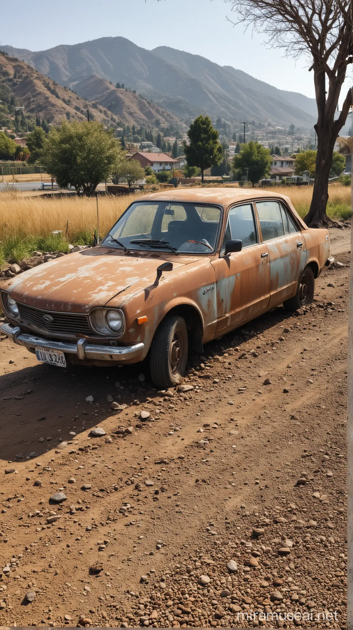 Rusty car datsun 620 at village, mountain view