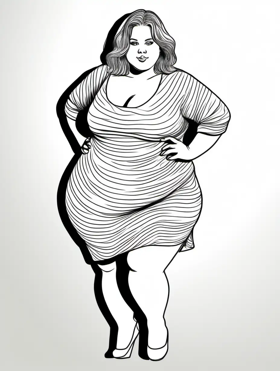 line drawing of a chubby 
 woman with Big Butt. wearing a nice dress . posing