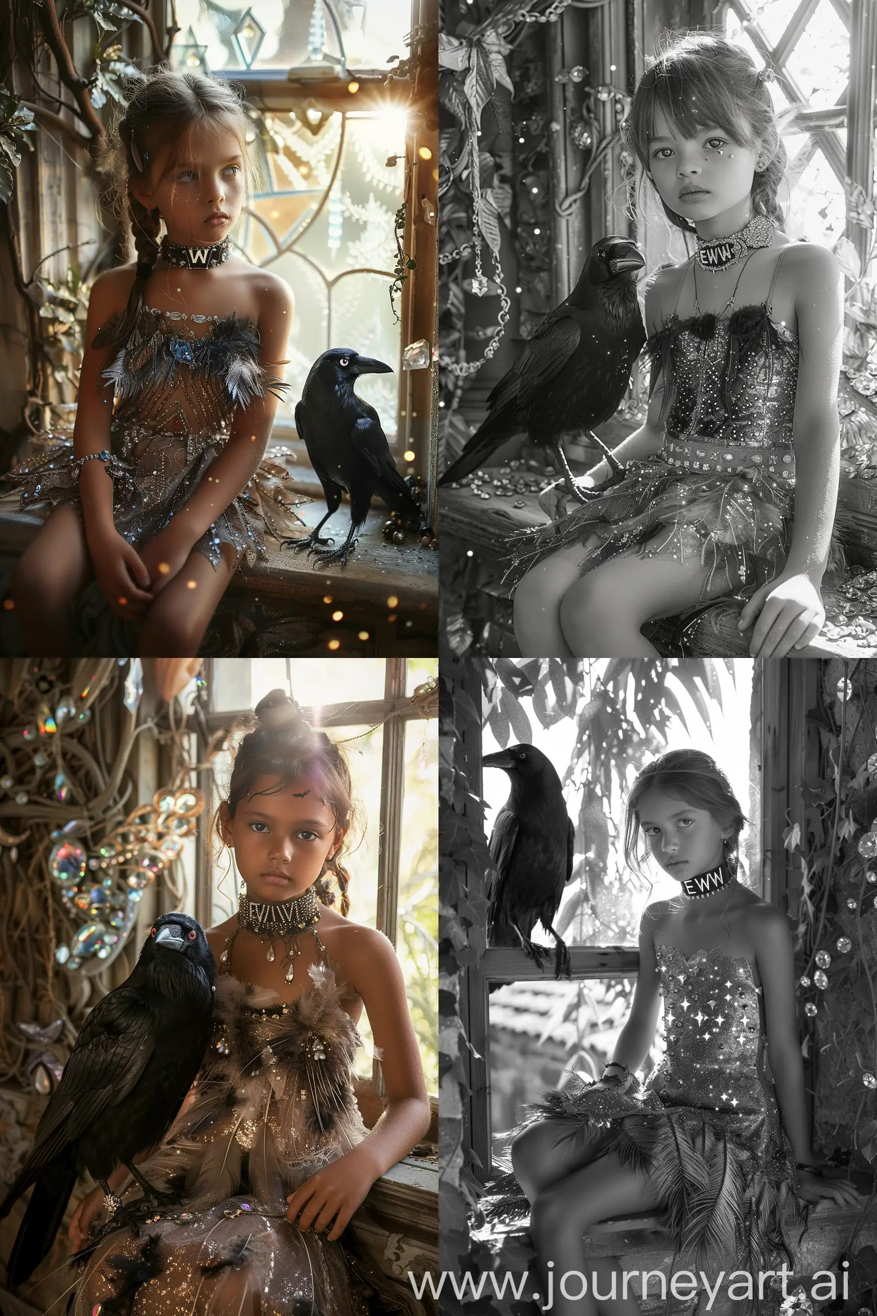 A young girl sits on a window sill, The setting appears to be a gothic-style building., the walls with ivy and a crow is sitting next to the girl , Everything is a fantasy atmosphere the girl wears a choker with the insription "EWW" and a dress with crowfeather finishes and shiny gems and wears a lot of jewelry, in the landscape there are gems, glitter and diamonds, bright light, --ar 2:3 --stylize 250 --style raw
