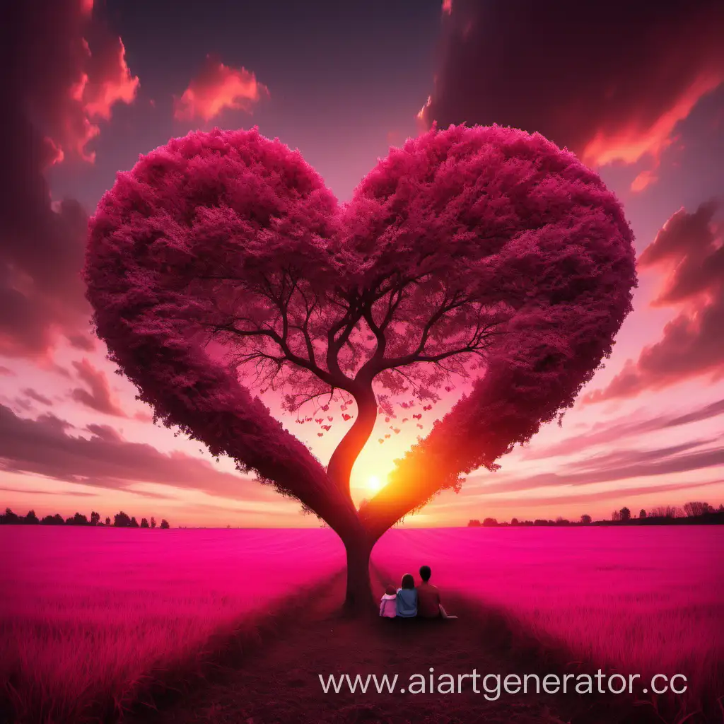 поле розового цвета с закатом и по середине одинокое дерево в форме сердца, у которого сидит девочка и мальчик
