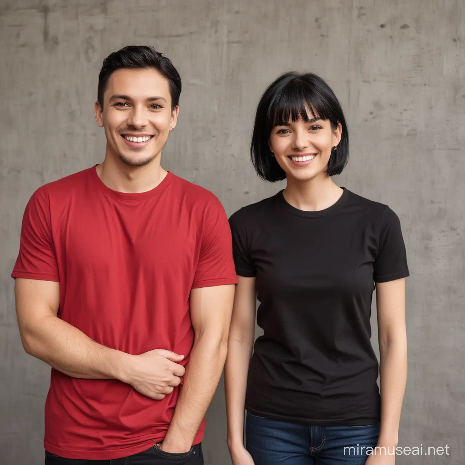 A man with short hair and a black plain  t-shirt and a woman with black hair and a plain red t-shirt standing facing the front and smiling 