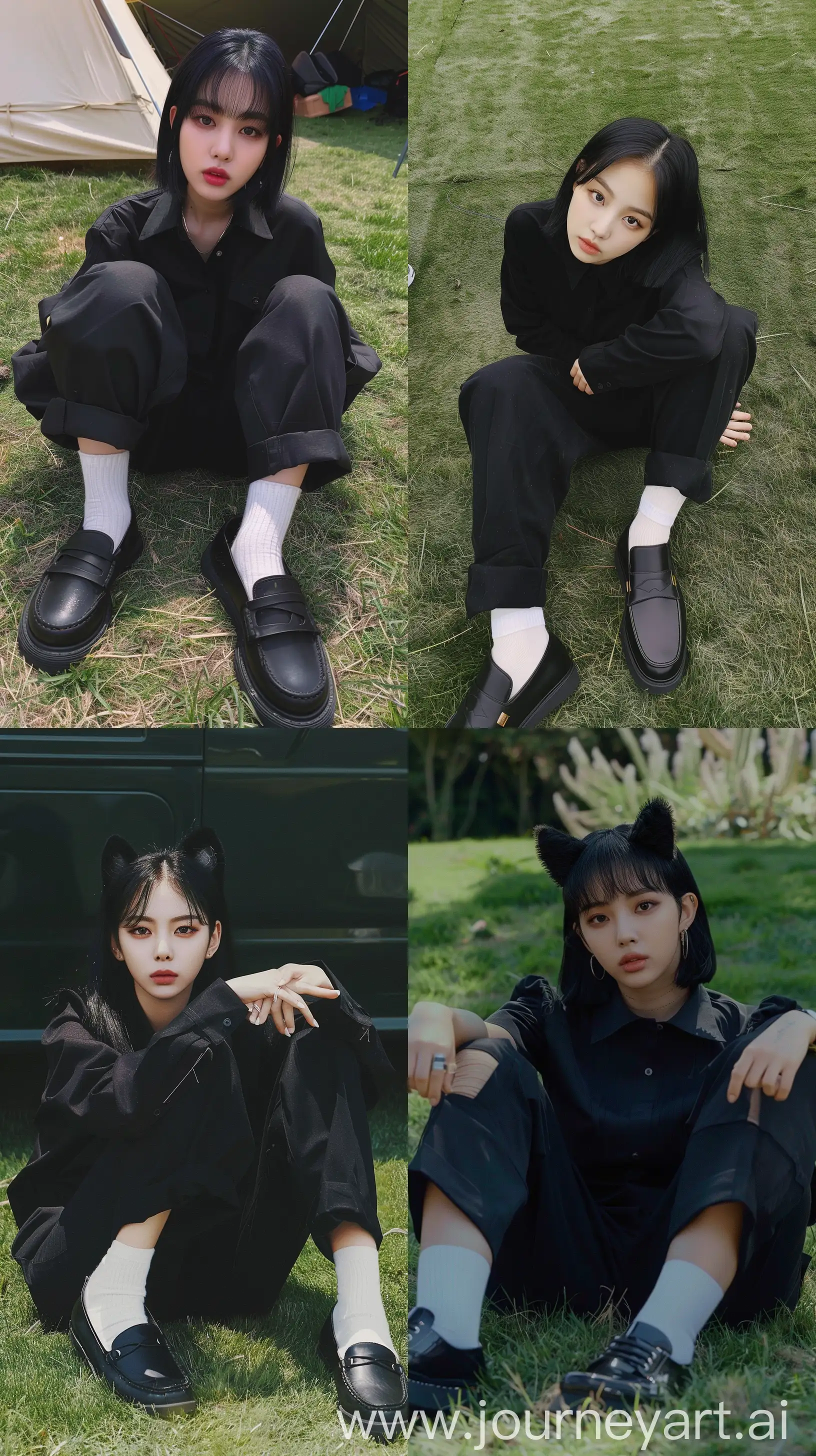 Aesthetic instagram selfie blackpink's jennie with wolf cut black hair, wide set eyes wearing black shirt and black pants with black loafers shoes, white socks, sit on grass --ar 9:16