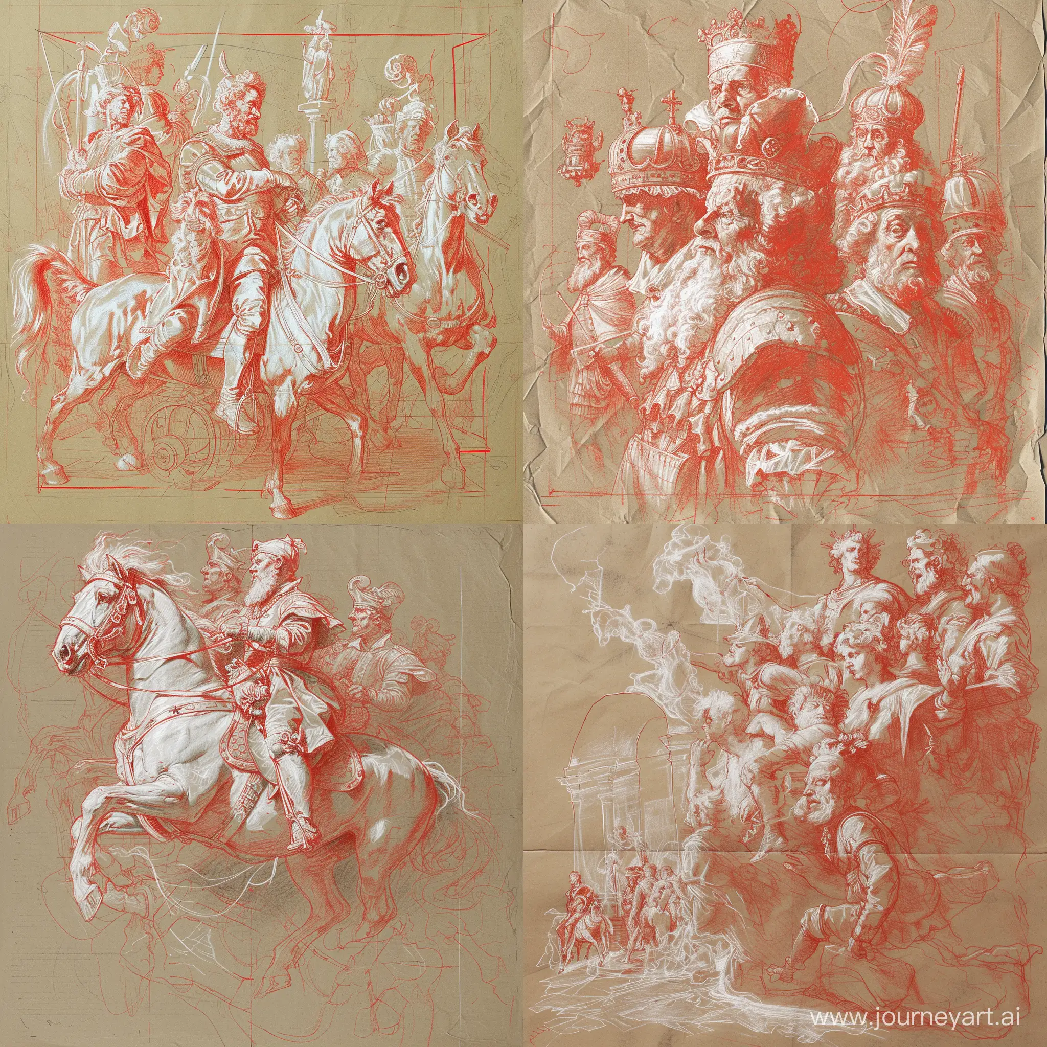 colored pencil draft, sketched in red and white on brown paper, detailed, a study in style of Rubens, in preparation for an historical parade with presentations on floats, in honour of Albreht Durer