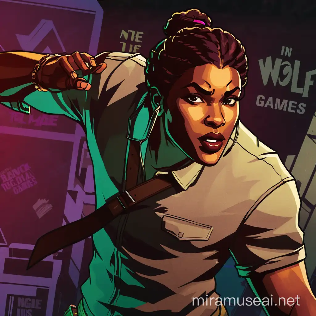video game promo poster of BLACK GIRL CHARACTER, IN THE STYLE OF THE WOLF AMONG US, TELLTALE GAMES, cell shading, neo-noir