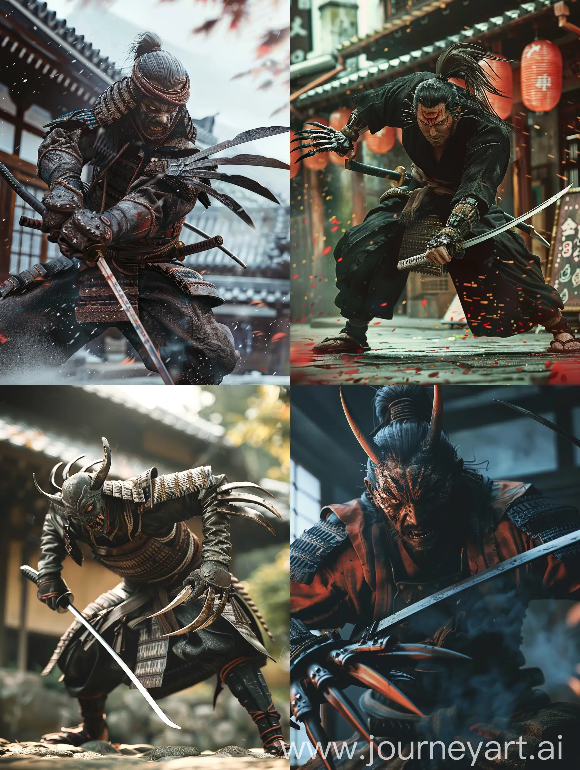 samurai with claws instead of hands, fighting pose, hyper realistic, 8k,