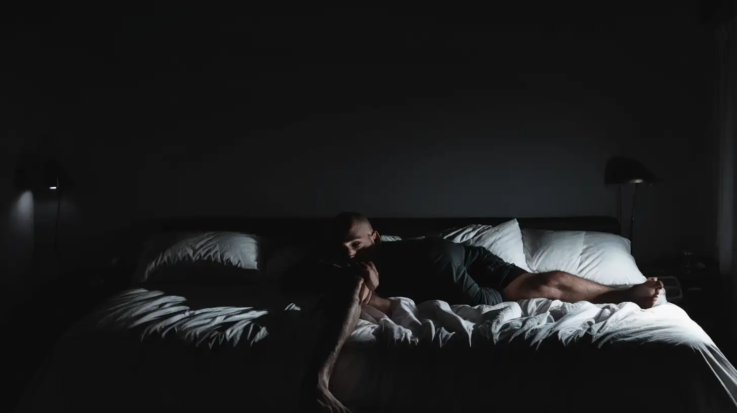 man on bed in complete darkness 
