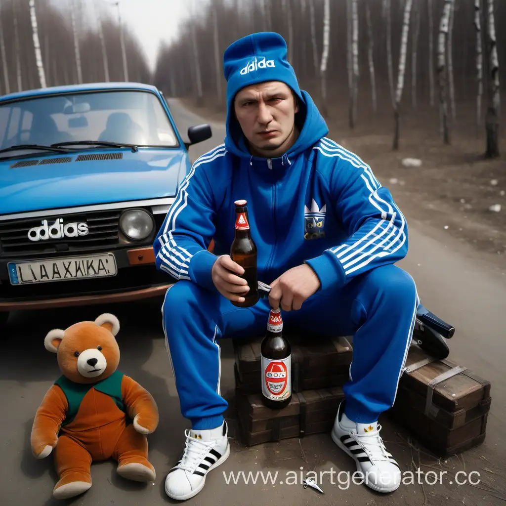 Россия, сидит мужчина, костюм адидас, в руках бутылка пива и перочинный нож, стоит автомобиль жигули, на голове кепка, медведь играет на балалайке, в шапке ушанке
