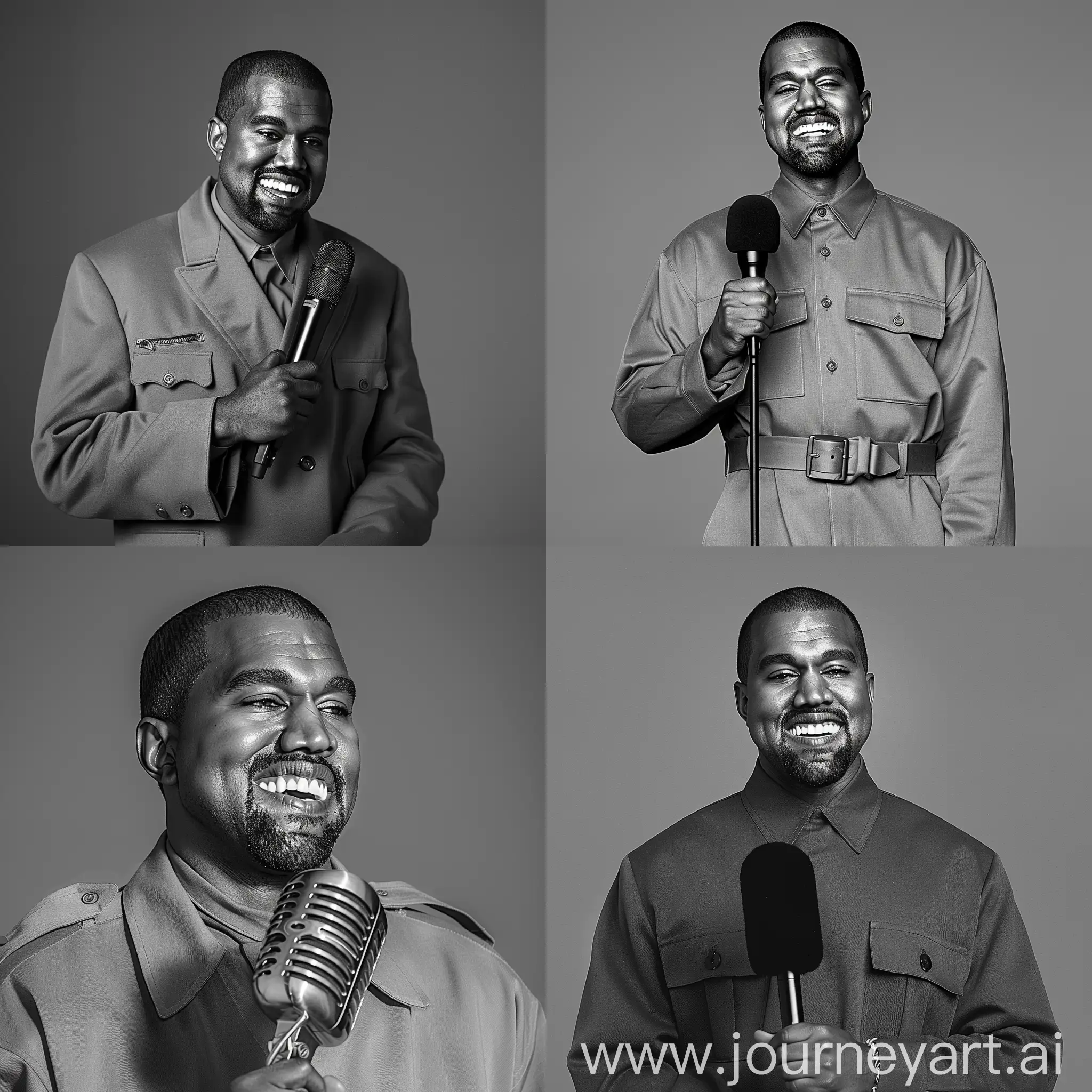 Kanye West smiles with a microphone, stylish black and white magazine photo, gray uniform background