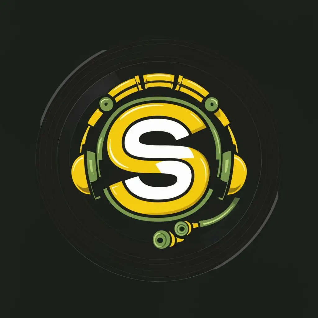 a logo design,with the text "S", main symbol:The S is white with a yellow border. has a green headset on and is lying on a vinyl record. You can easily see the traces of the vinyl.,complex,be used in Entertainment industry,clear background