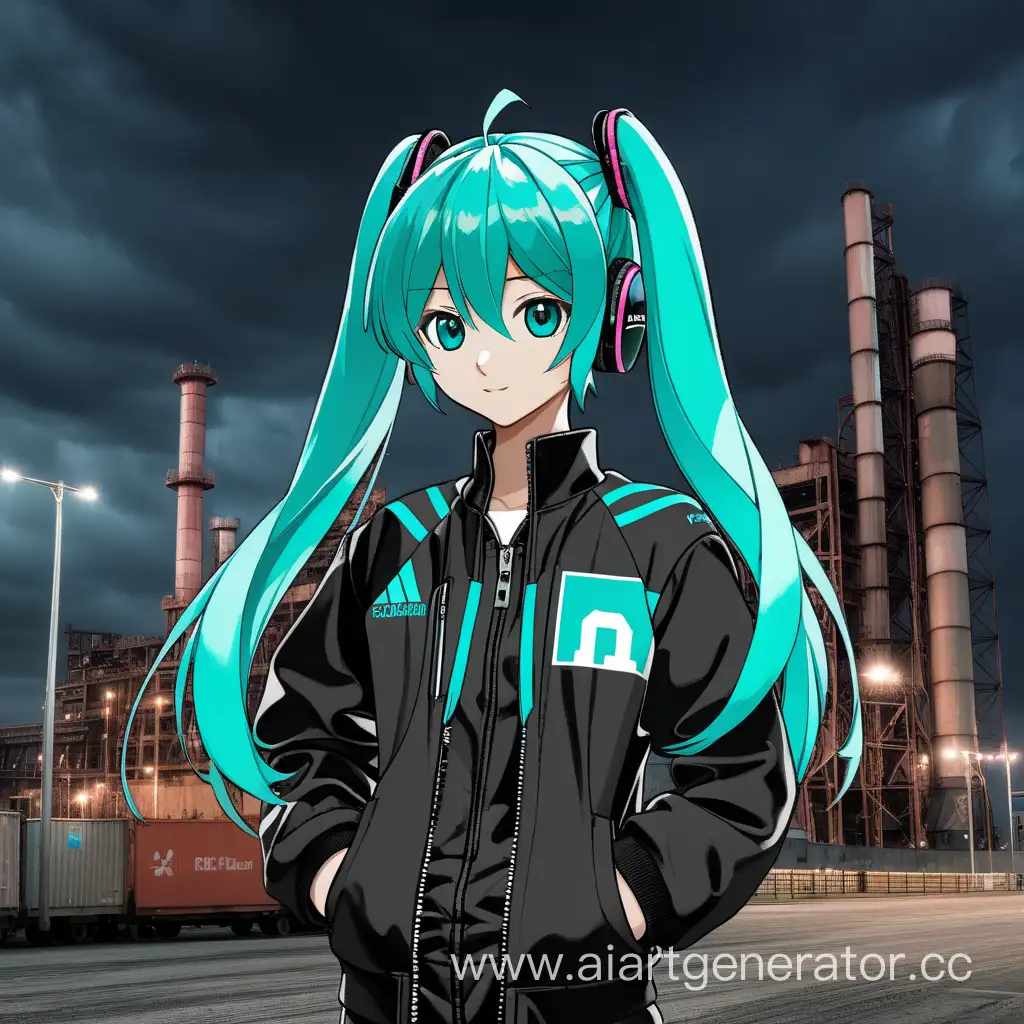 Hatsune Miku in a black sports jacket of the USSR of the 80s old with a zipper. Against the background of the industrial zone of the USSR, gloomy lighting,