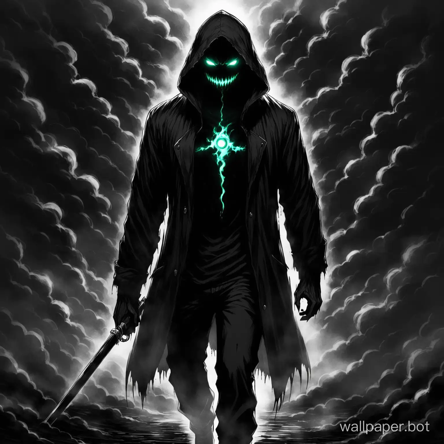 a guy walking towards me and blackshadow face i cant be seen cyz its to dark and many blacksmoke  out of his body and glowing fierce eye   justlike a nightmare