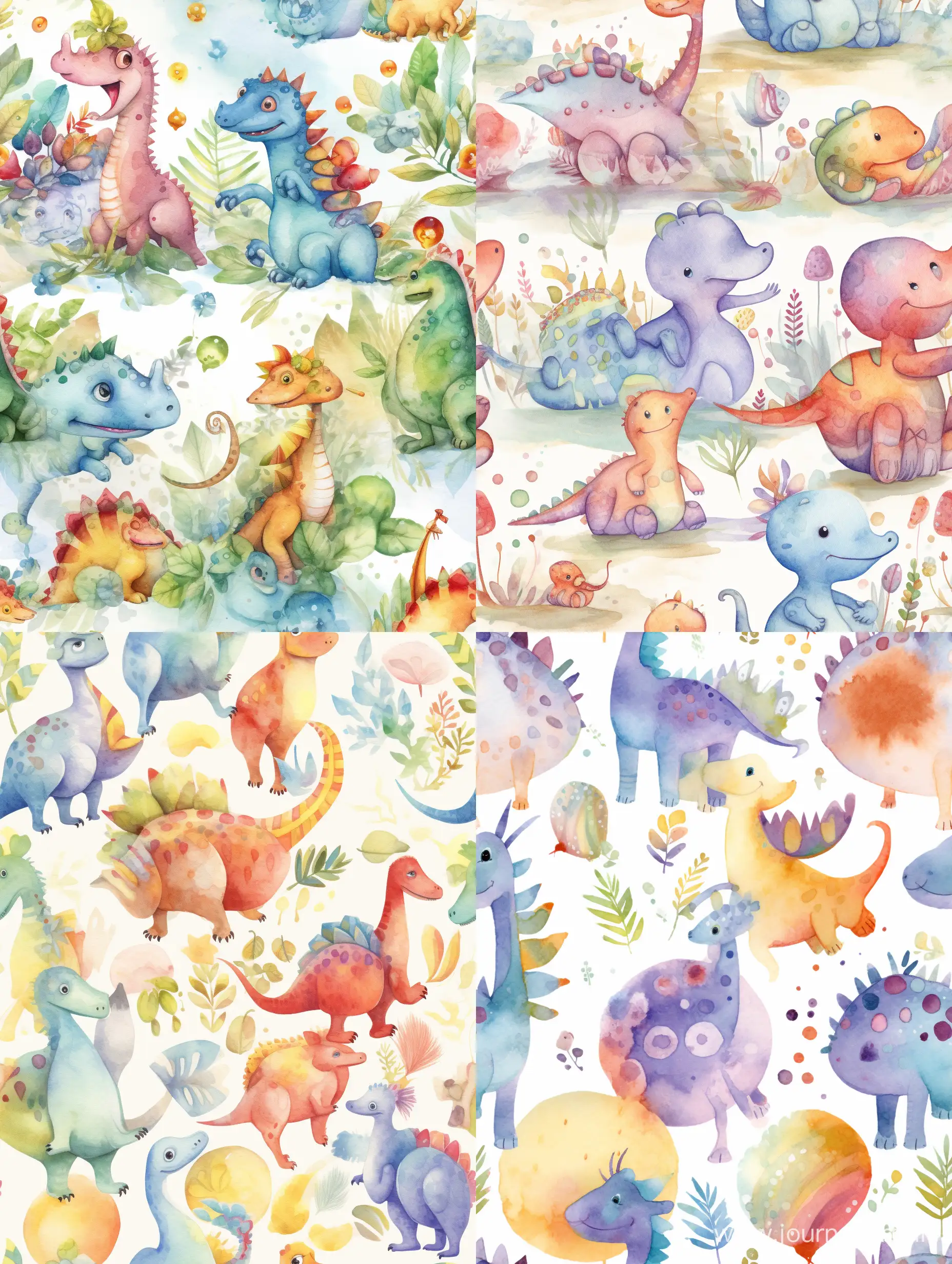 kaway baby dinos, children’s book style illustration, soft watercolour, spaced out kawai dinos, rainbow element, clear background, spaced out background, high quality, seamless, 4k --tile --upbeta --v 5 --s 250