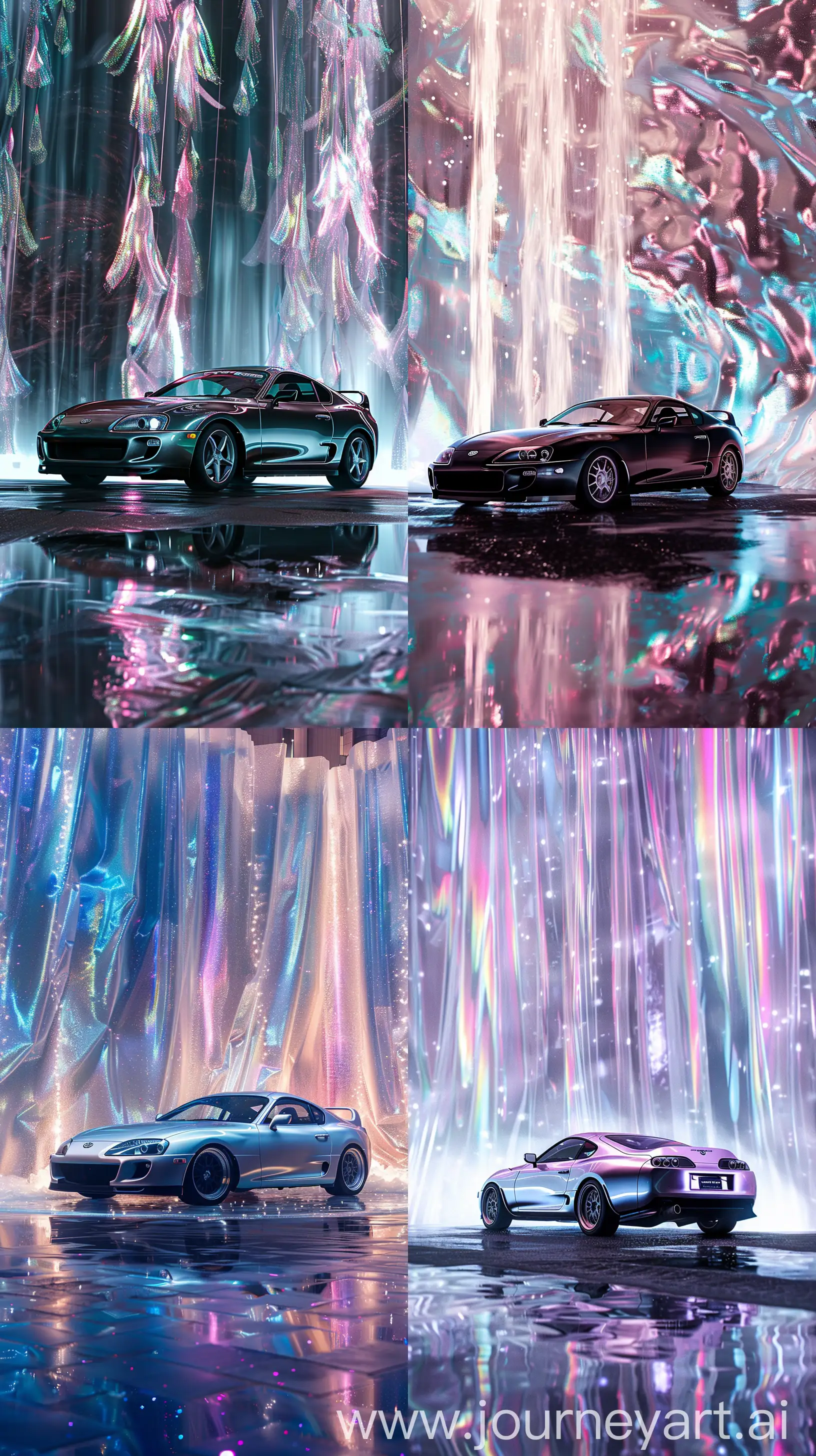 Ethereal Whisper, a quiet mk4 Supra surrounded by a waterfall of silky iridescent feathers, creating a dreamlike aura that blurs the lines between reality and fiction. --ar 9:16 --style raw 