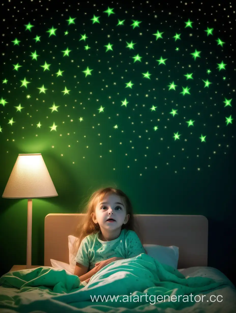 Маленькая девочка в комнате, в кровати вечером, перед сном, рядом стена, на которой светящиеся МАЛЕНЬКИЕ ЗЕЛЕНЫЕ звездочки