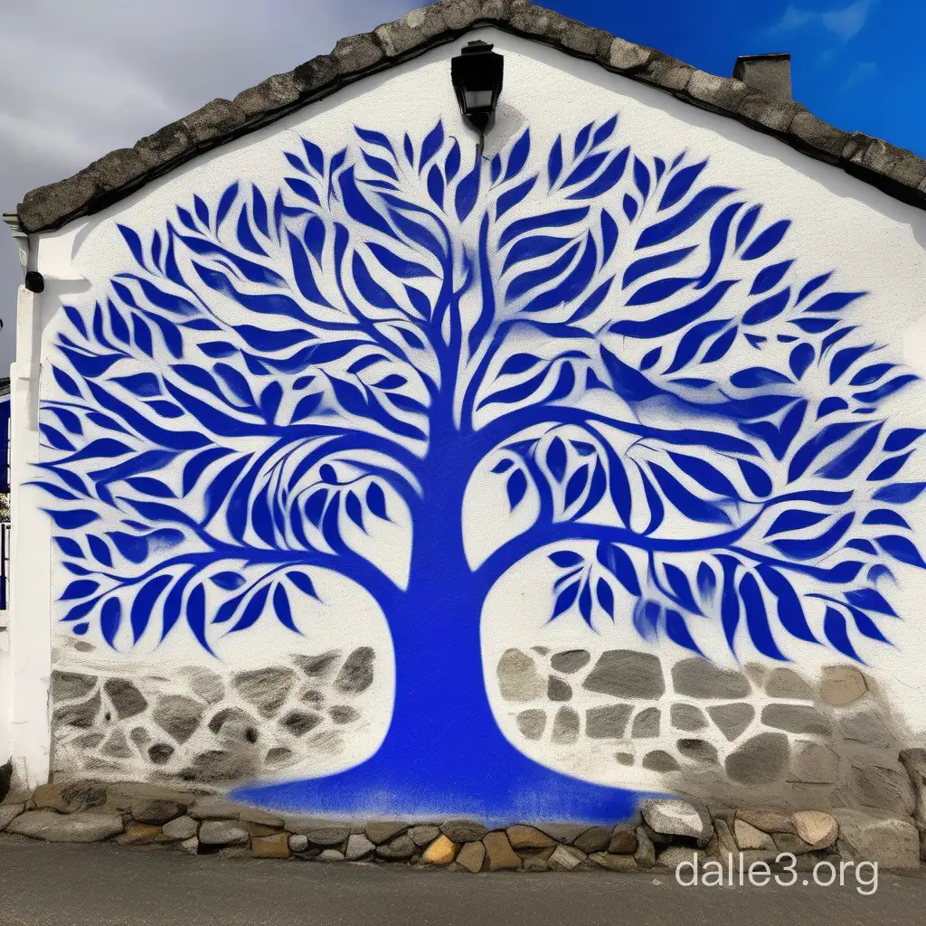 Cobalt blue and white Azorean family tree street art with subtle lines on the top half of a side wall of a stone sea cottage