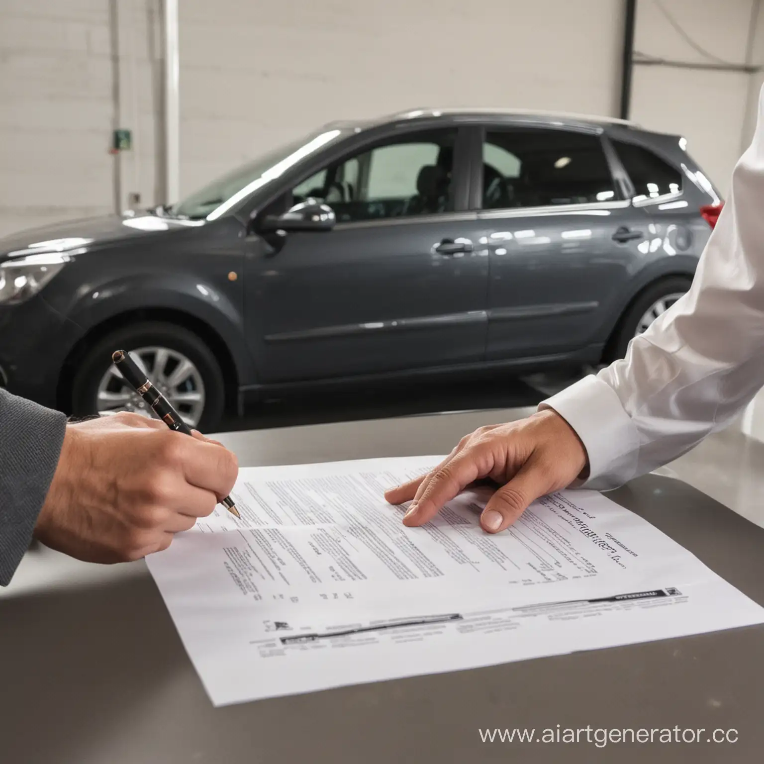 the contract is being signed in front of a car in a car storage