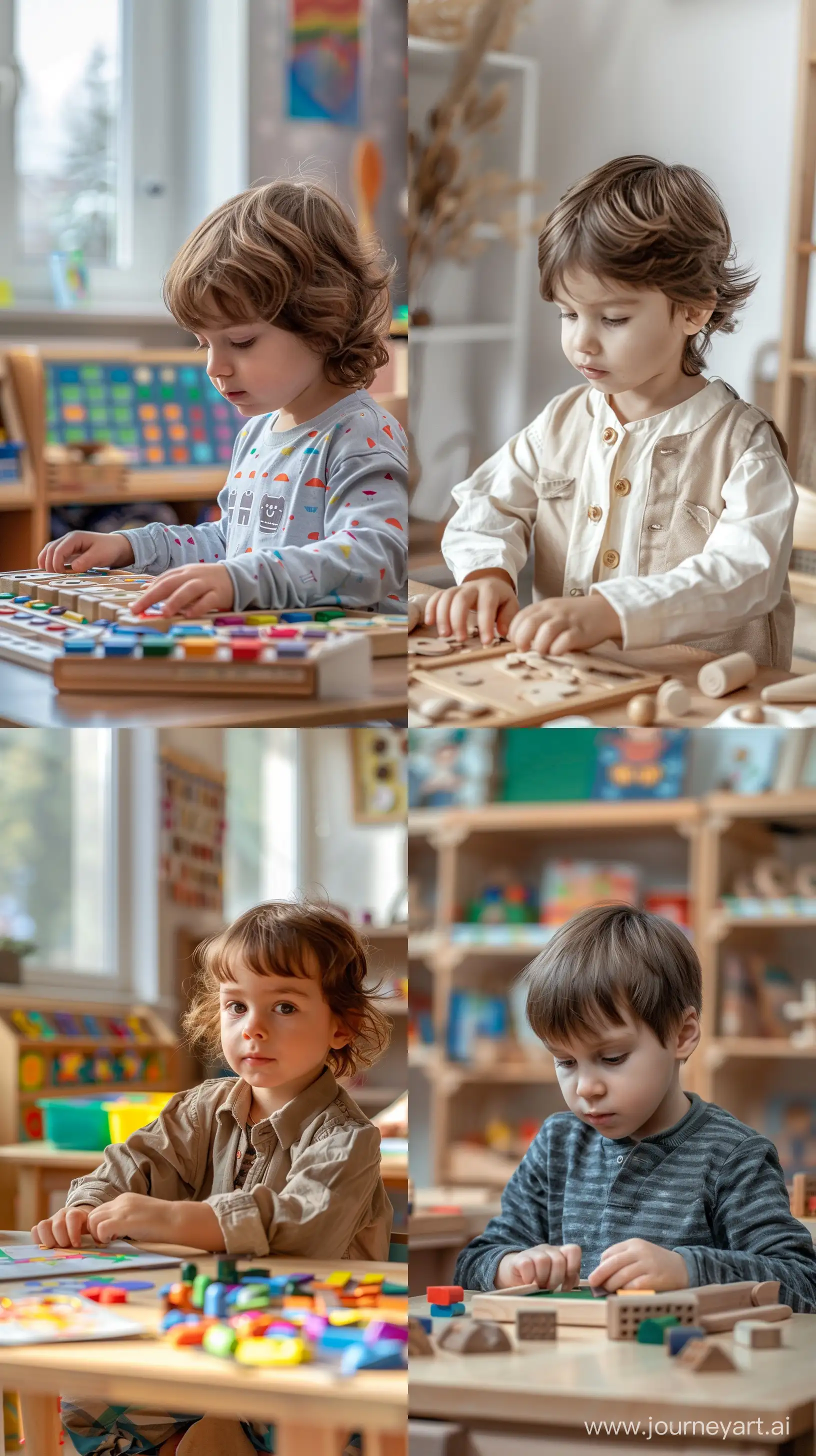 young slavic child busy with language activity, in montessori classroom, realistic, photo, --ar 9:16 --v 6.0