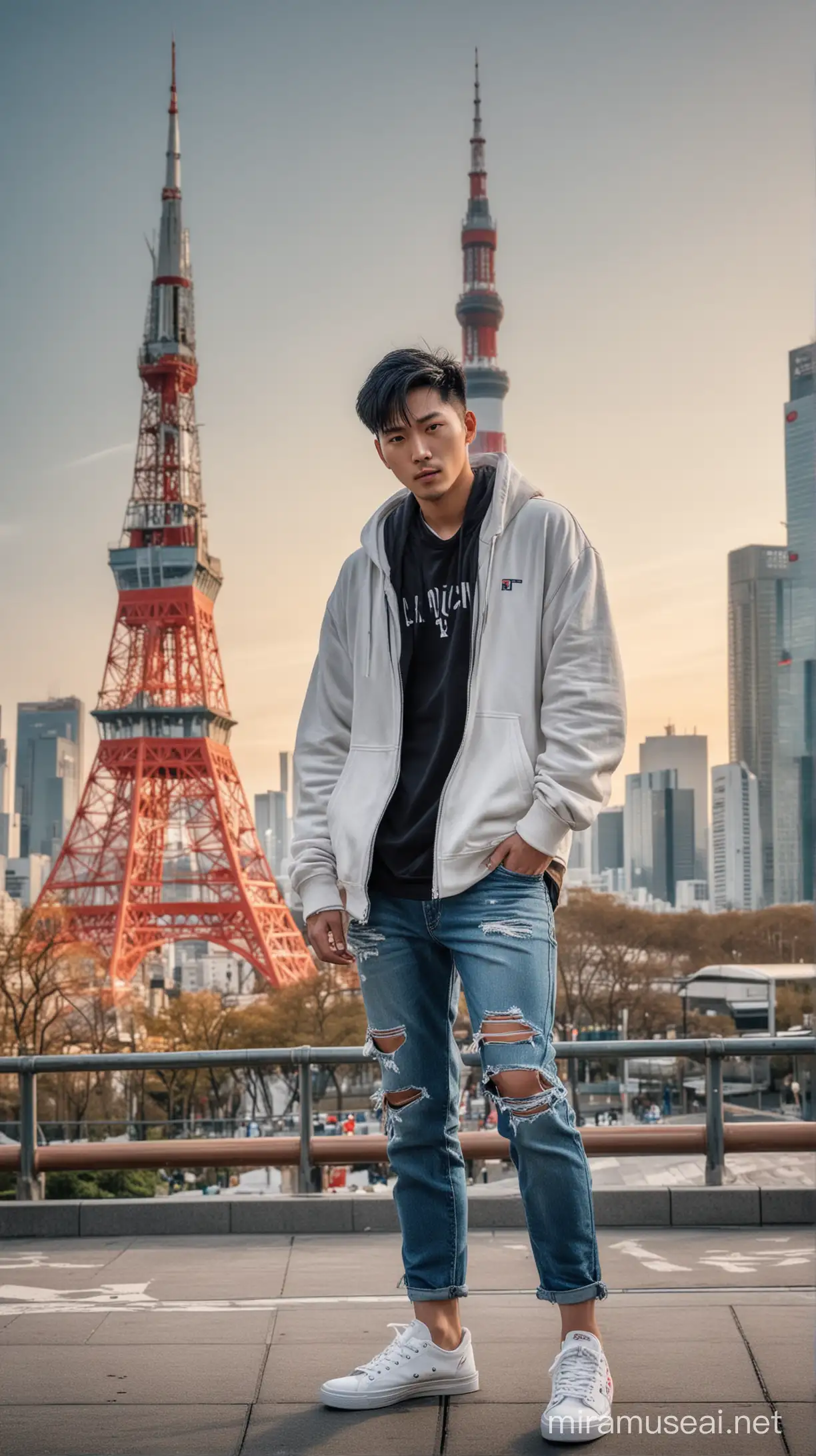 Pria Korea tampan bersih rambut hair cut hitam rapih,dengan memakai jaket Hoodie dan Levis sobek, dan sepatu snaker berwarna putih sedang berpose di belakang menara Tokyo saat pagi hari, wajah menghadap camera suasana romantis ultra HDR extreme gambar sempurna tidak cacat