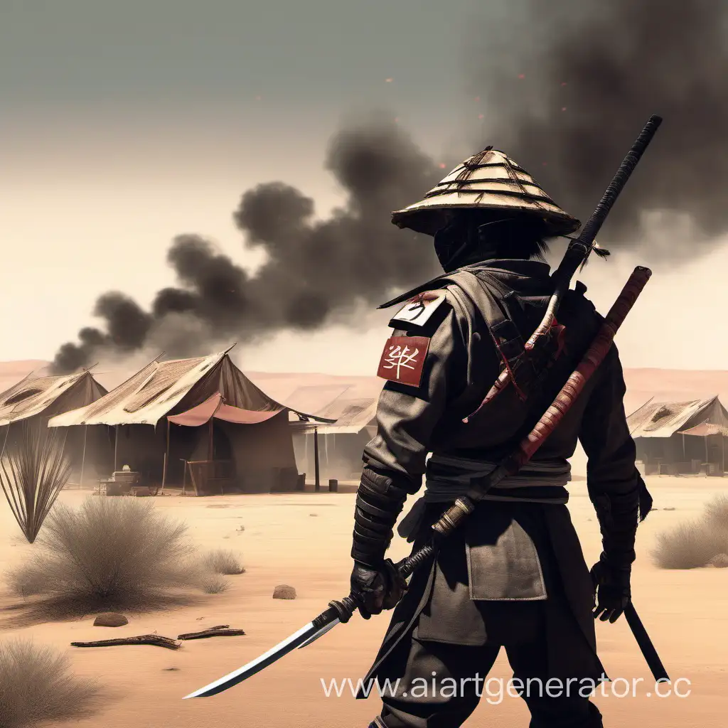 Kenshi, пустыня, самурай в военной форме времен холодной войны, день, на фоне небольшое пустынное поселение, дым от пожара на фоне