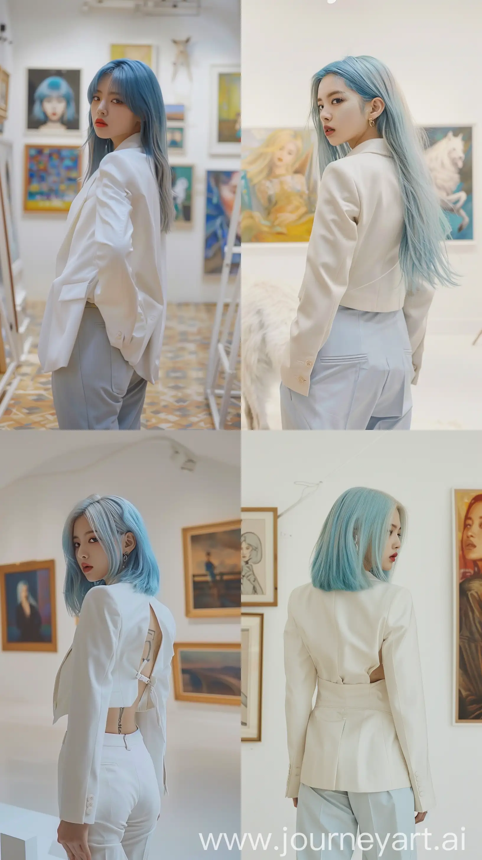 Blackpinks-Jennie-Portrait-in-Art-Gallery-Blue-Wolfcut-Hair-and-Chic-White-Suit-Pants