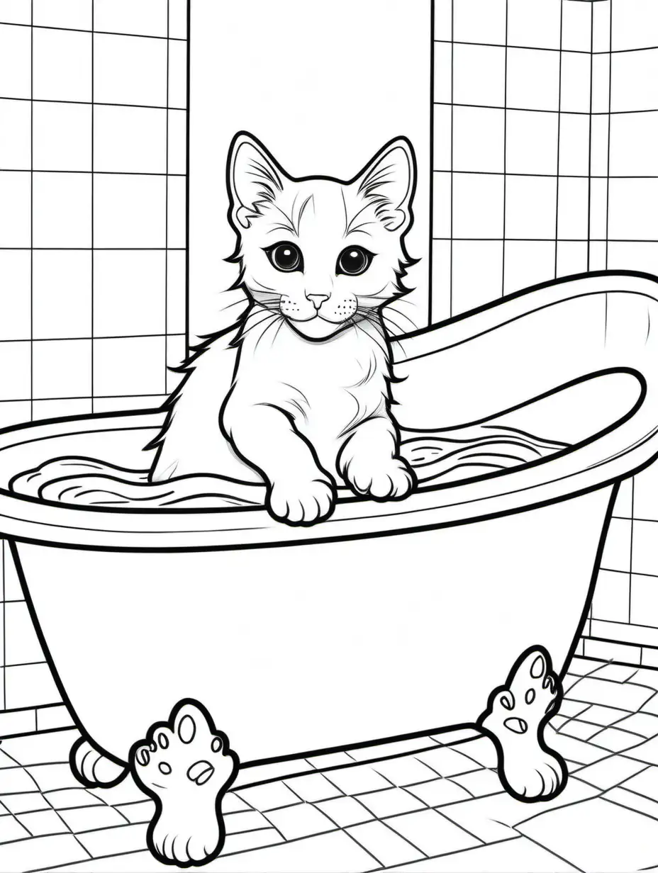 Colouring page, cute ,  Turkish van, kitten, in a bathtub , white , black outline,thick lines, white background, low detail, no shading , colouring page