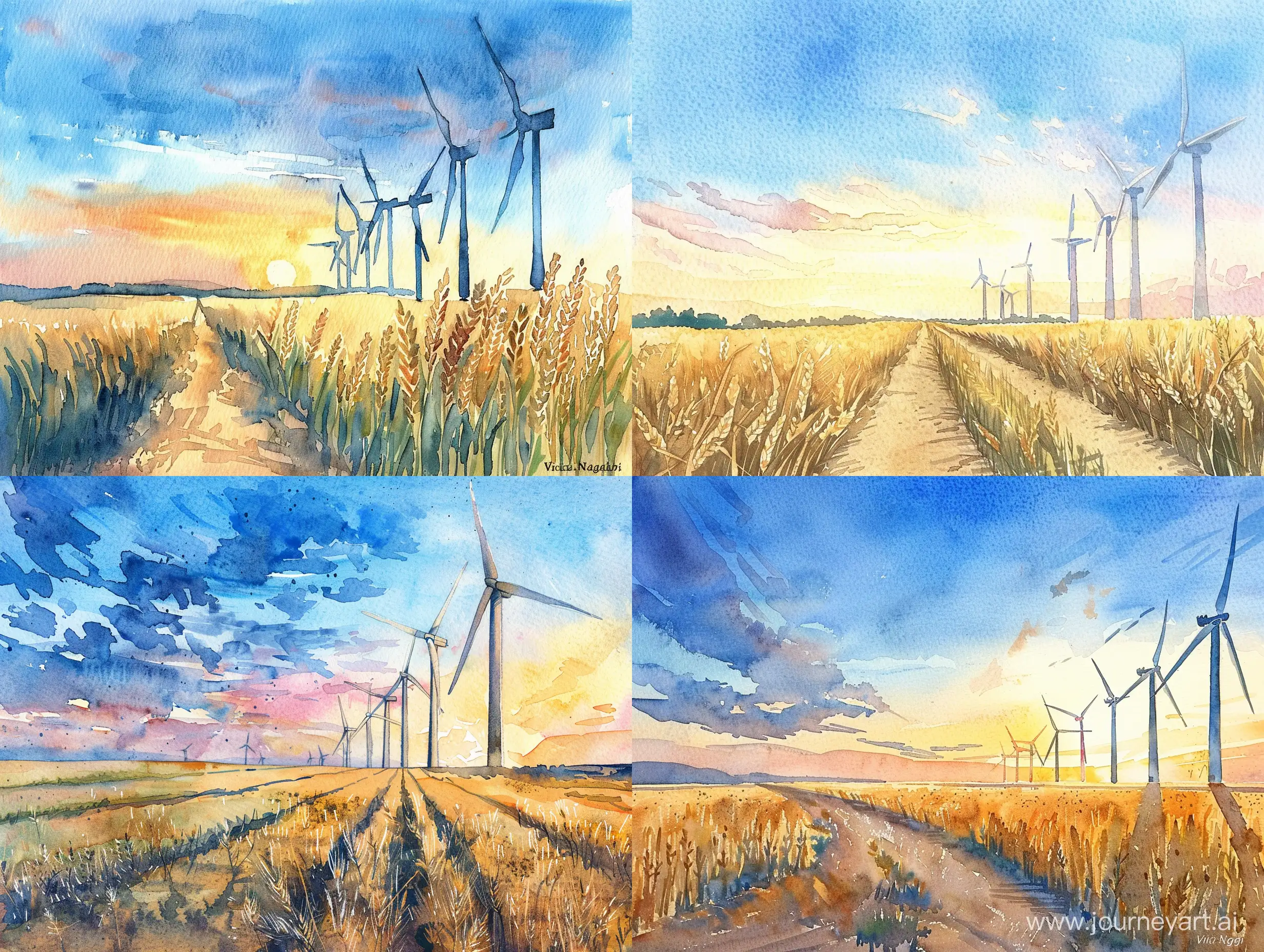 On a flat wheat field, on the right there are wind turbines, against the background of a sunset blue sky, watercolor style, Victor Ngai