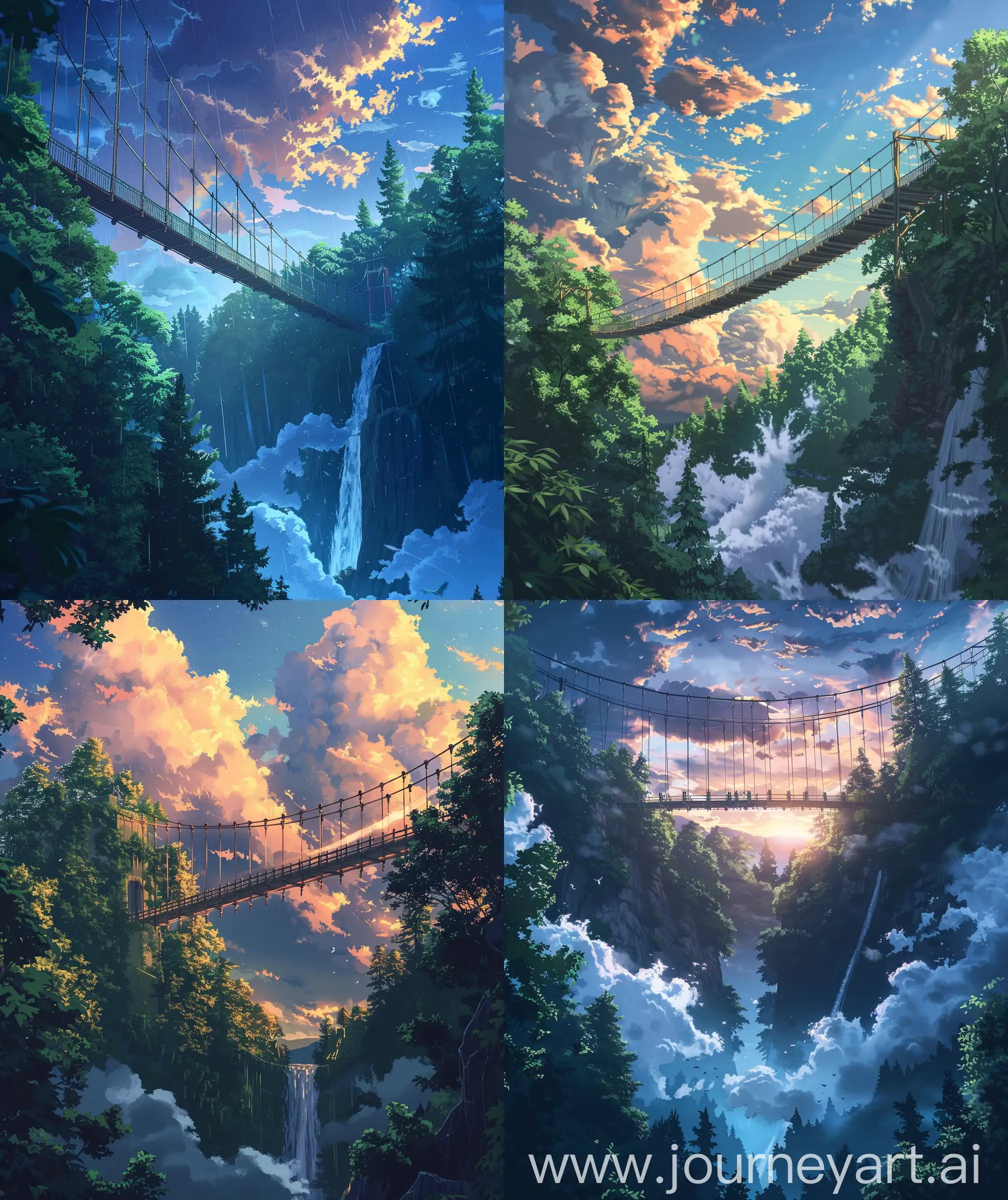 Anime scenary, dawn time, illustration, forest, direct front facade view of hanging bridge connect to high hill, clouds beside bridge, waterfall, adventure view, beautiful anime look, beautiful anime scenary, High quality, HD, illustration, no blurry image, no hyperrealistic --ar 27:32 