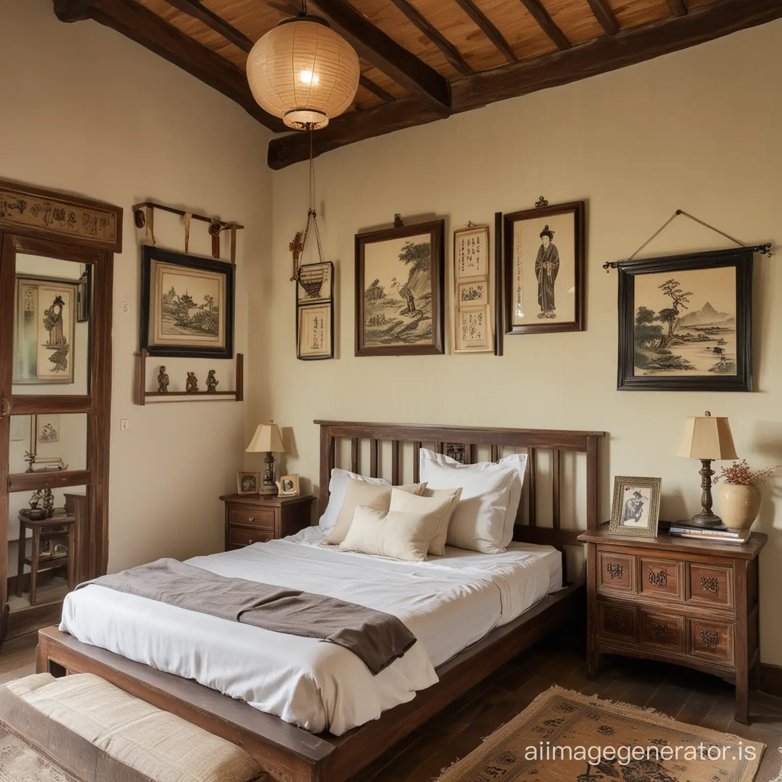 Bedroom with single bed, Asian style, old-fashioned, pictures alsia on the wall, without lamps, medival

