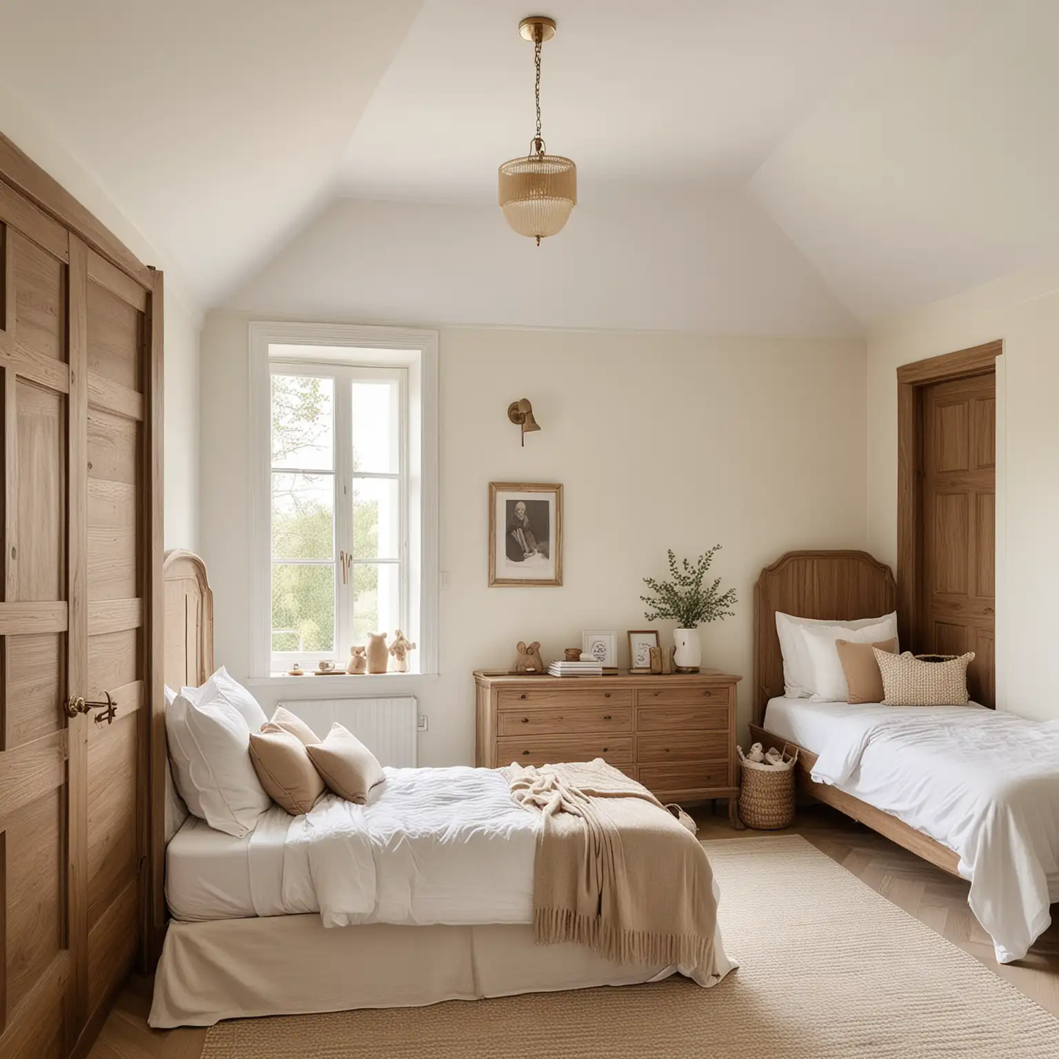 a modern French farmhouse home large kids bedroom; ivory limewashed walls and wood wall panelling; a colour palette of walnut wood, ivory, brass, with accents of pale brown