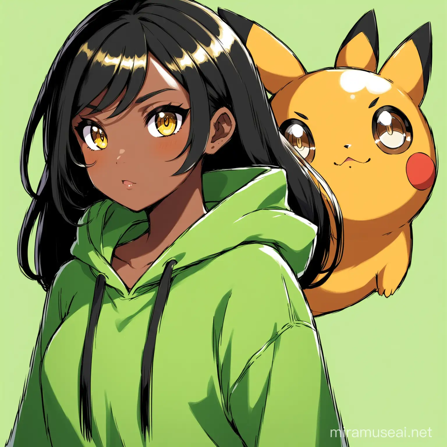 Black skinned girl, black hair, golden eyes, pokemon anime style, green hoodie