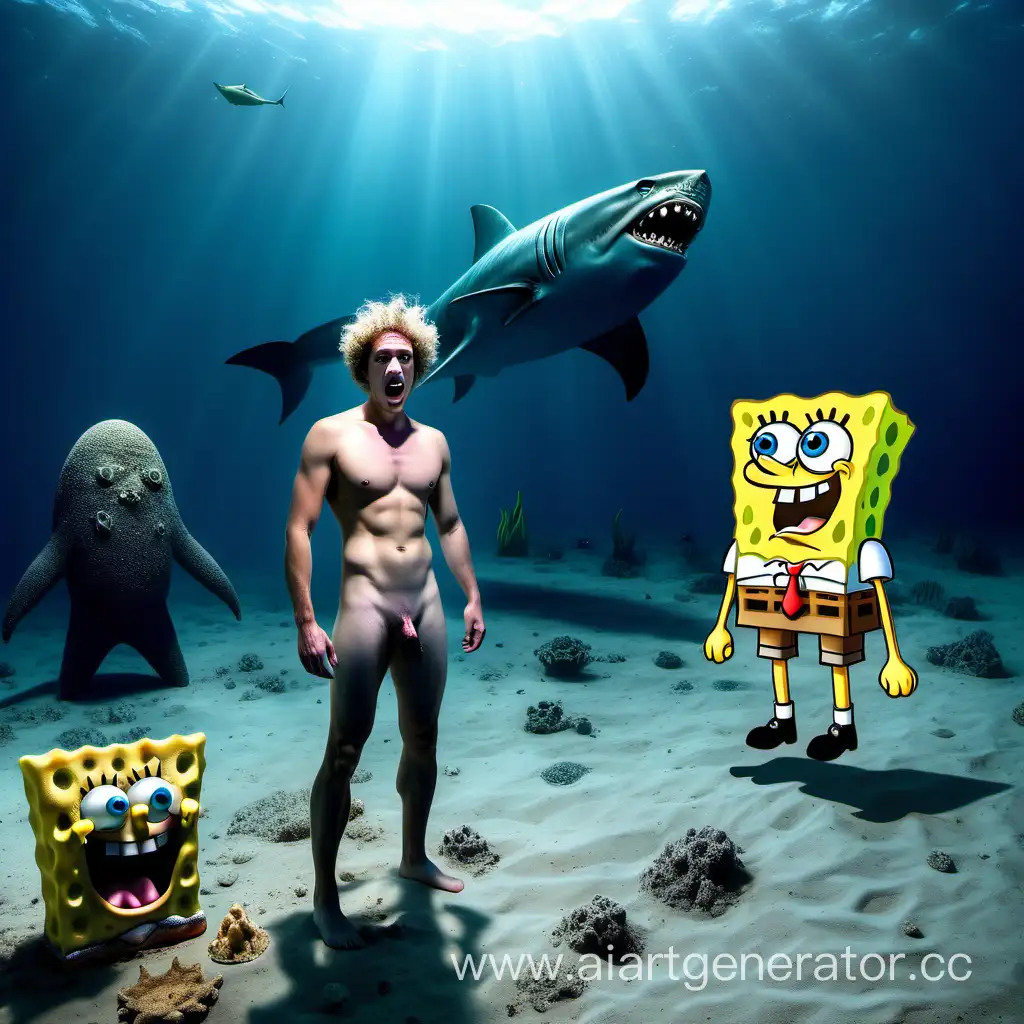 Naked-Man-and-SpongeBob-Encounter-Megalodon-in-Deep-Ocean