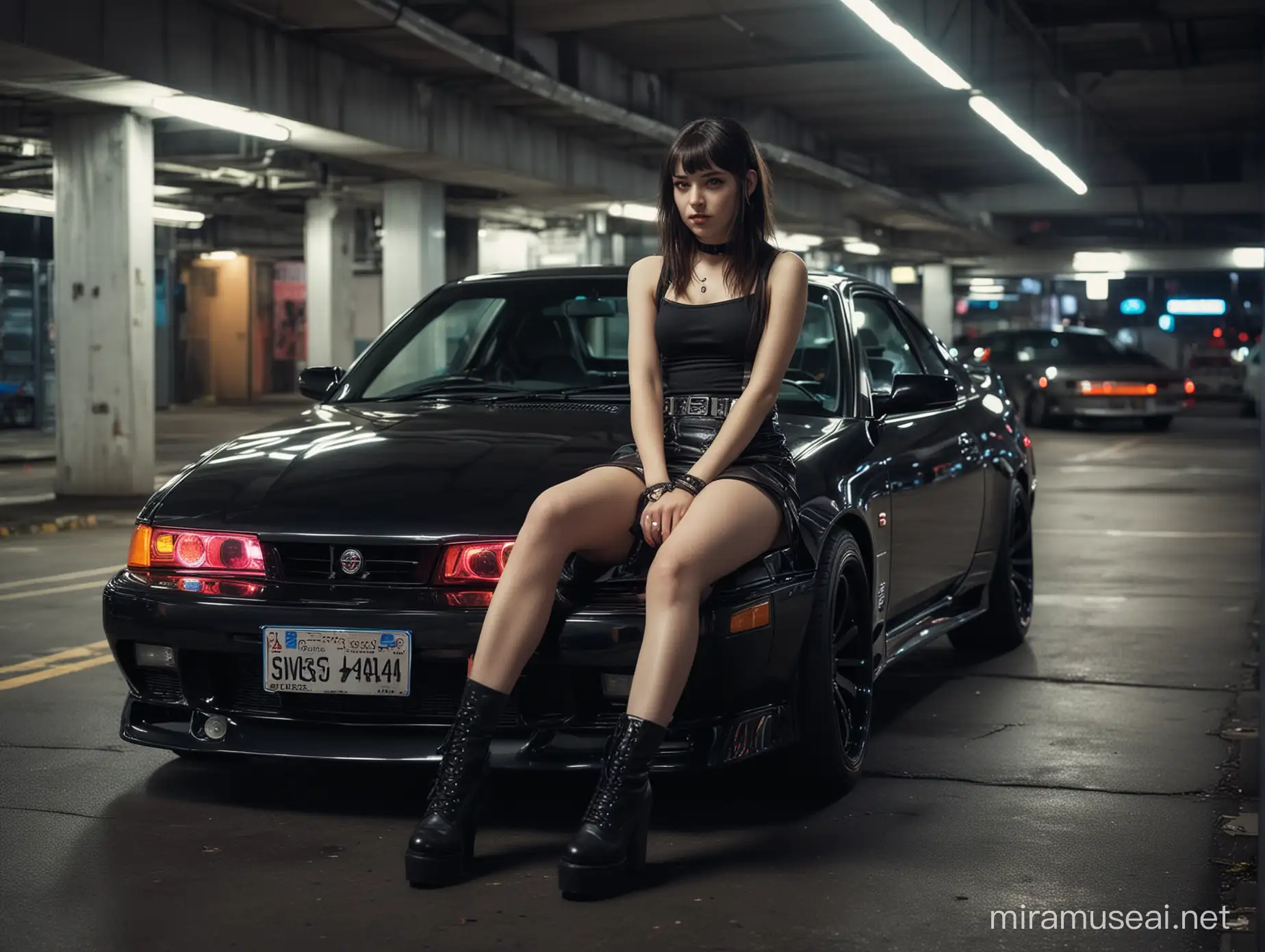 Chica, falda corta, estilo gotica, cyberpunk, sentada sobre un Nissan Silvia s14 , luz neon, estacionamiento subterráneo, poca iluminación neon, 