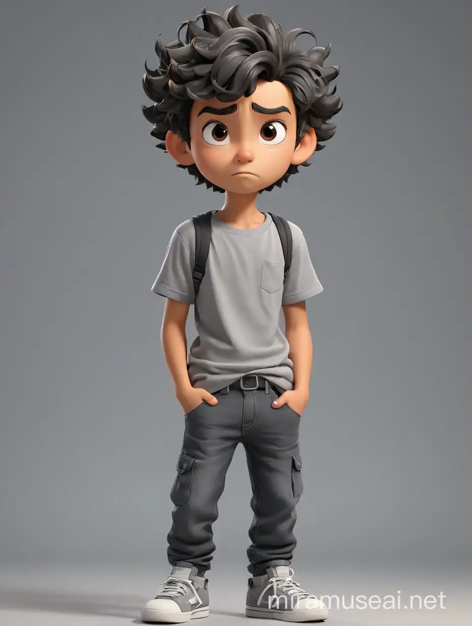 boy in cartoon style, a perplexed face  black Big wavy hairstyle, Wearing a grey T-shirt without inscriptions, dark jeans pants, Hands in pockets, full-body shot, sneakers, different poses set, maximum detail, best quality, HD, gorgeous light and shadow, detailed design, 3D quality