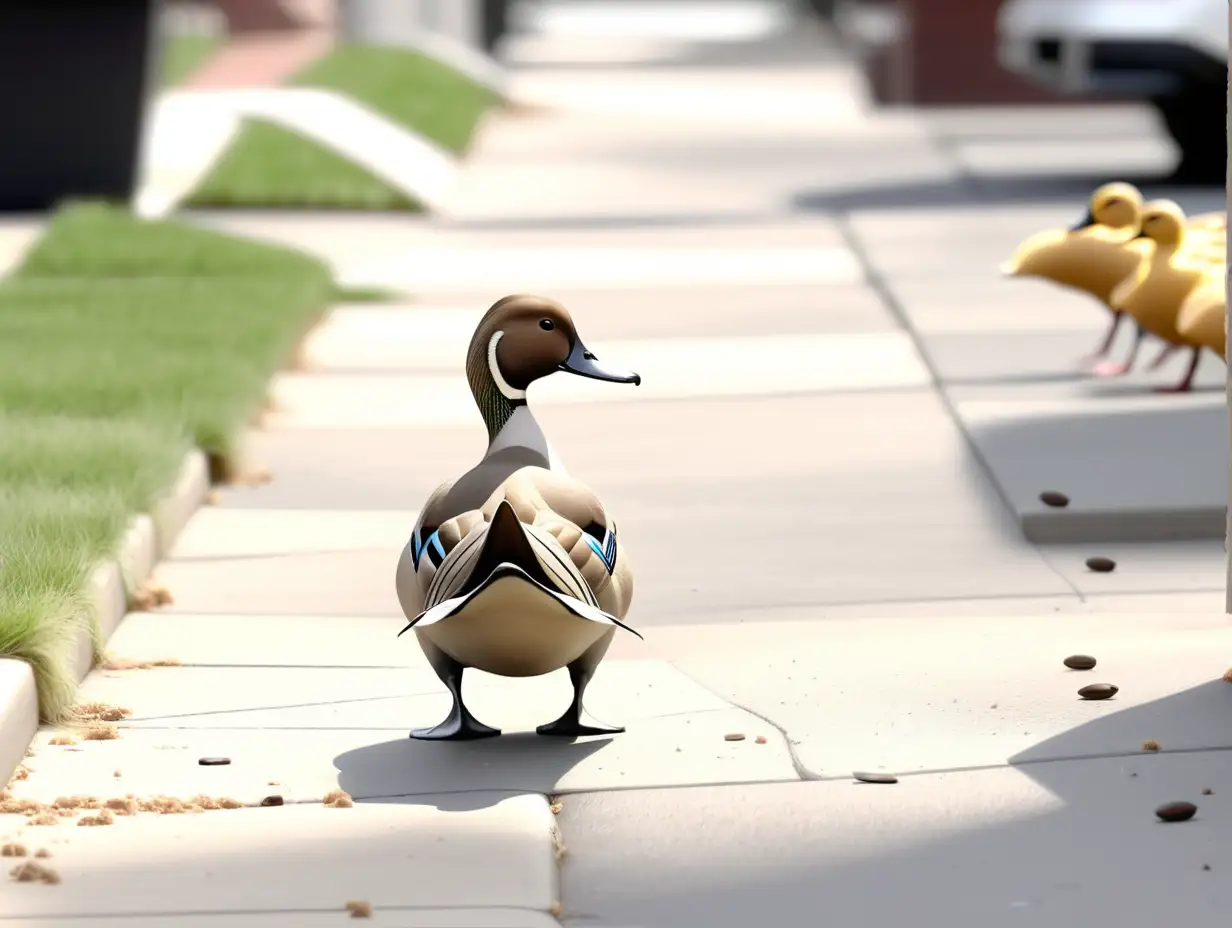 Northern Pintail Duck walks away down the sidewalk from cockroach

