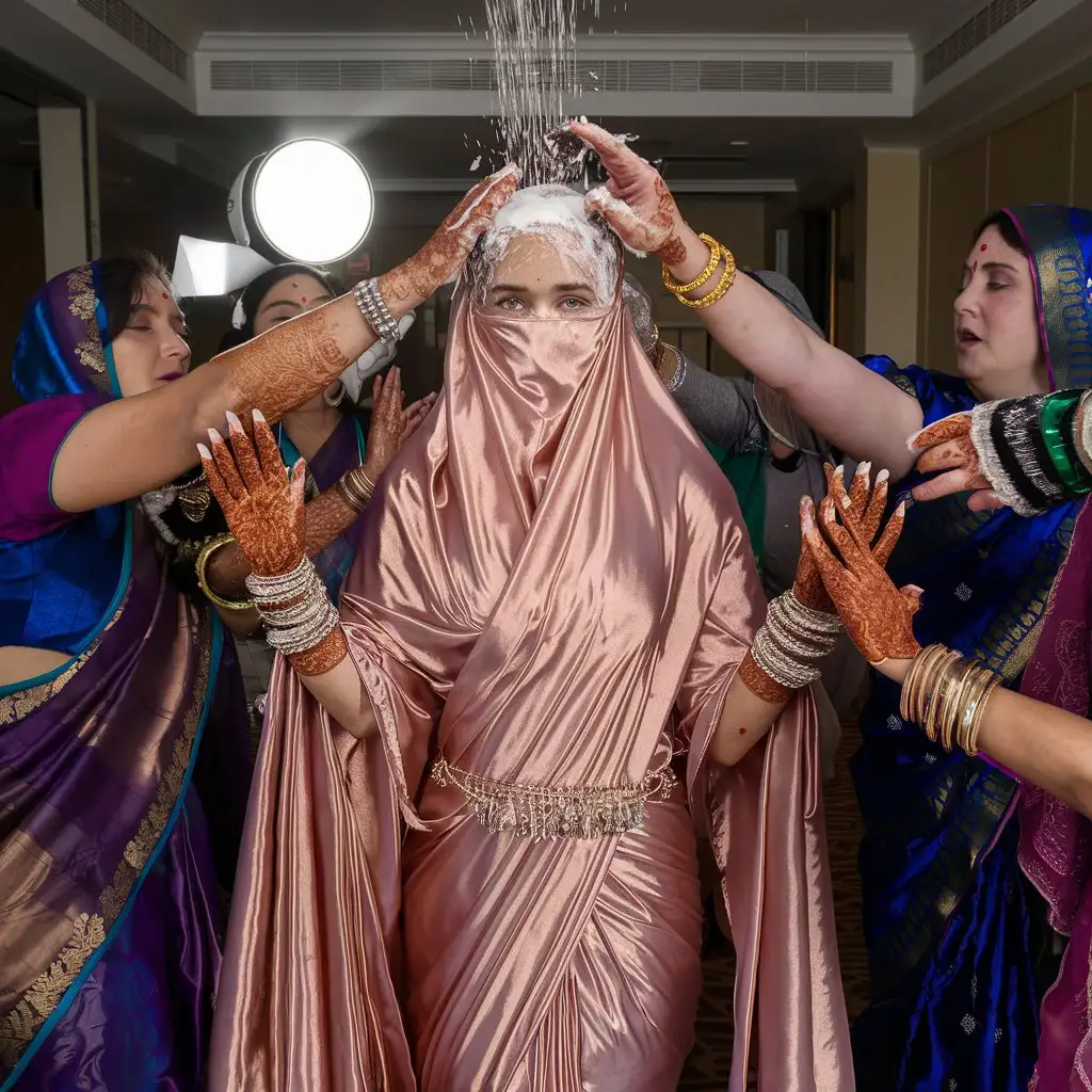 Newly Married Muslim Woman in Opulent Rose Gold Saree Surrounded by Friends in Dubai Hotel Room