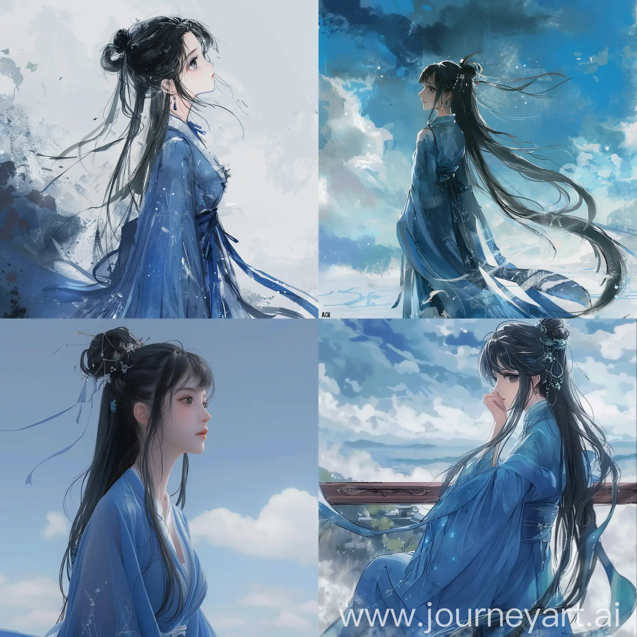 A girl with Japanese anime style,black long hair,traditional Chinese hairstyle,black eyes.looking at sky,long blue dress,Han-fu,mixed with traditional Chinese ink painting a little,best quality,masterpiece,highly detailed,studio lighting,perfessional,ACGN,high definition