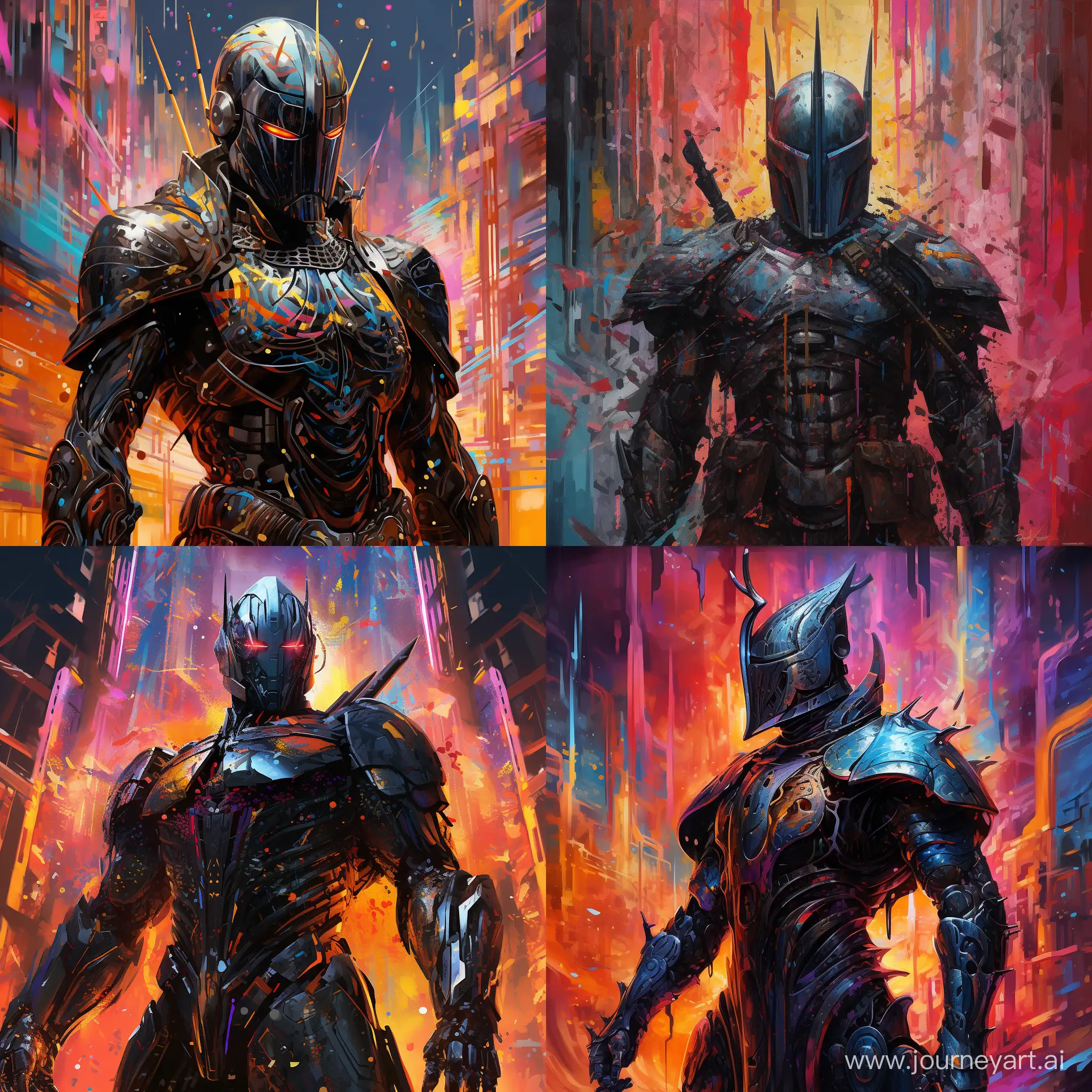 stands tall, The Black knight stands tall in interesting armor , in cyberpunk style, stands tall, explosion of color, abstraction, unusual