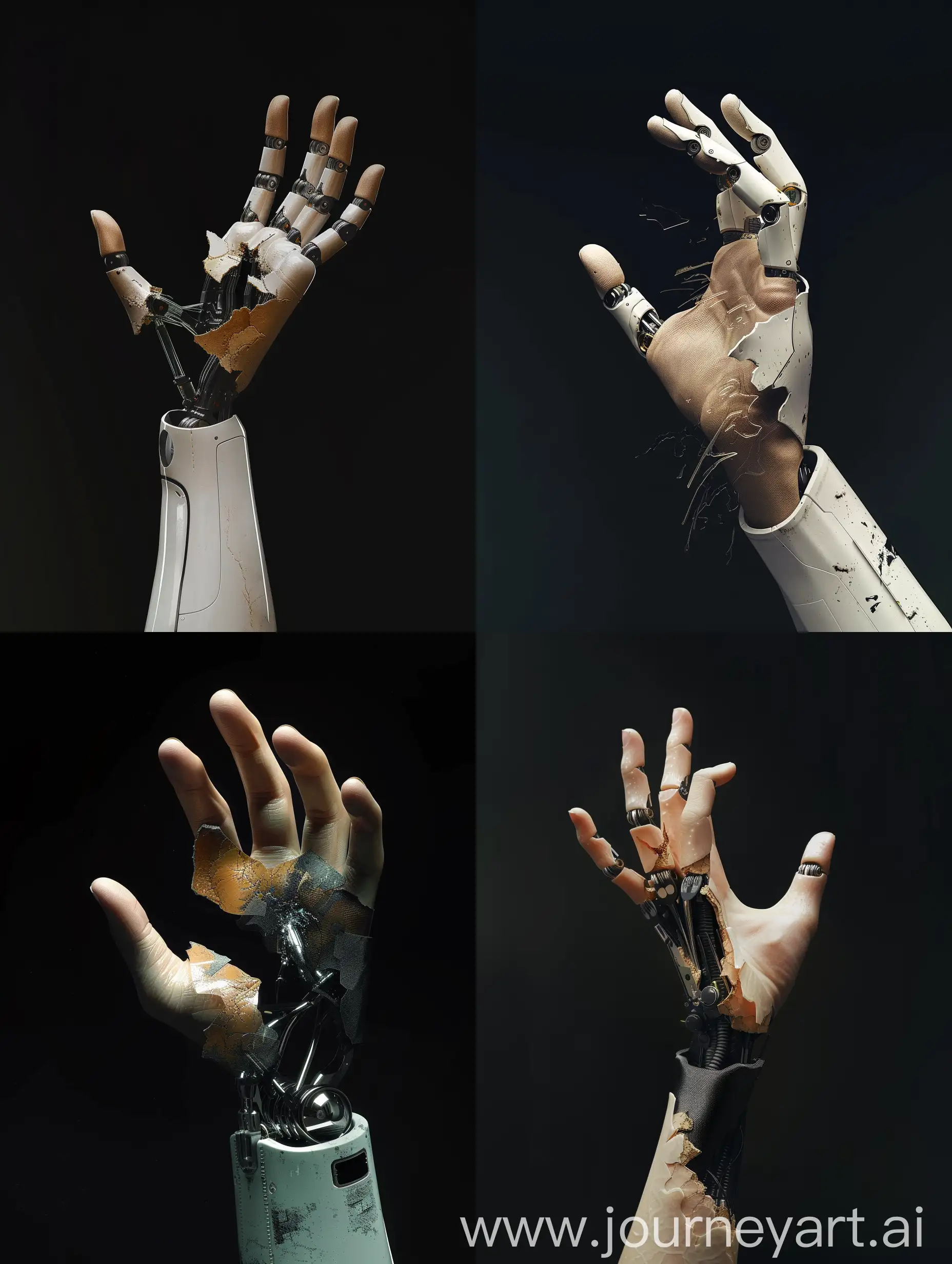 an robotic hand reaching upwards but half is peeiling of showing a human hand underneath, black background, 4k, well made, 