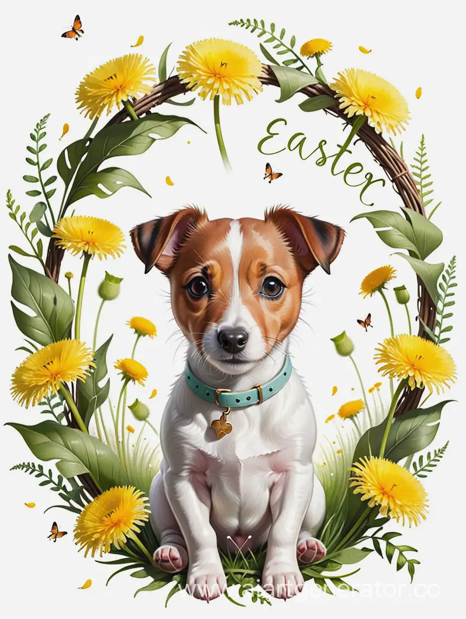 Adorable-Jack-Russell-Sitting-in-Dandelion-Wreath-with-Easter-Inscription