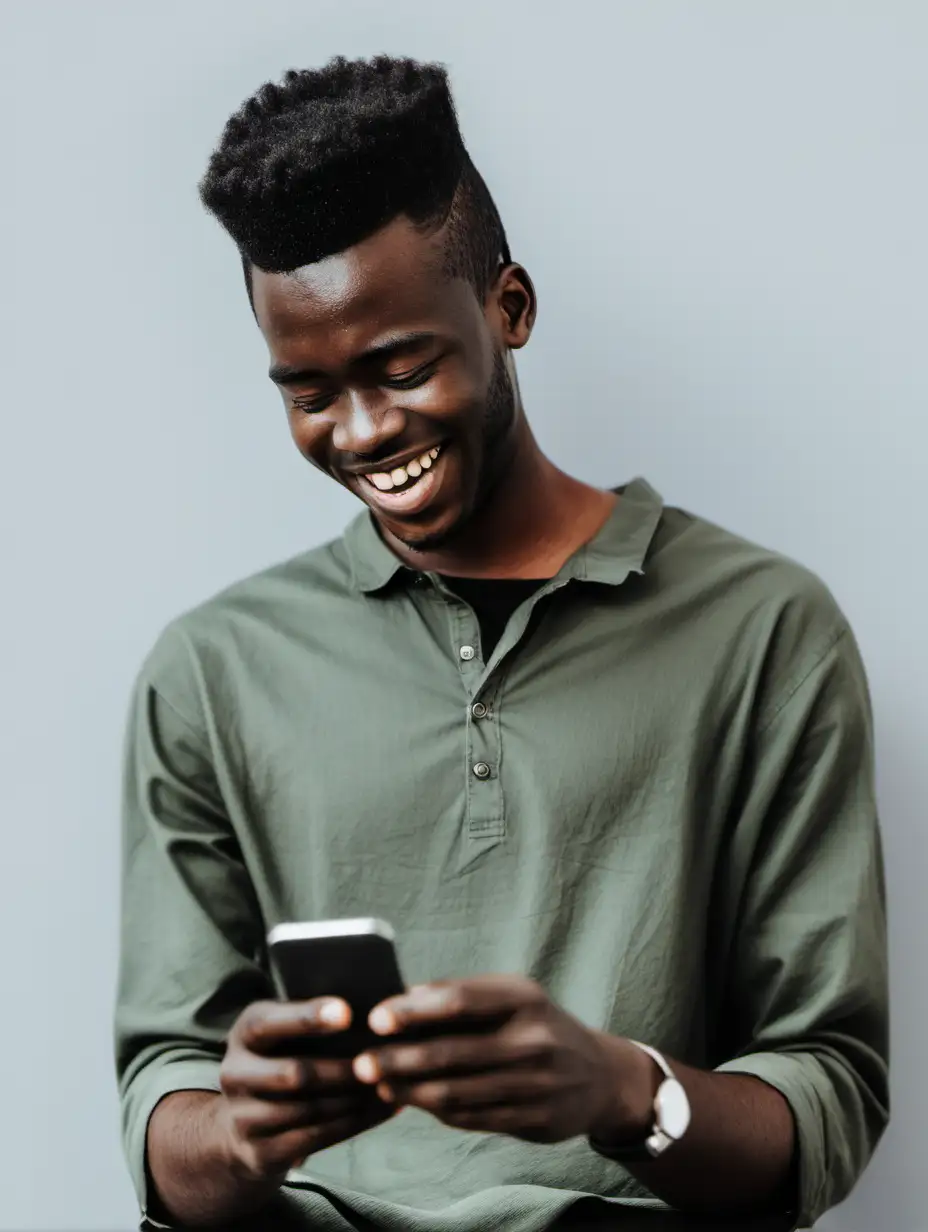 Joyful Moment Young African Man Reading Heartwarming Text Message