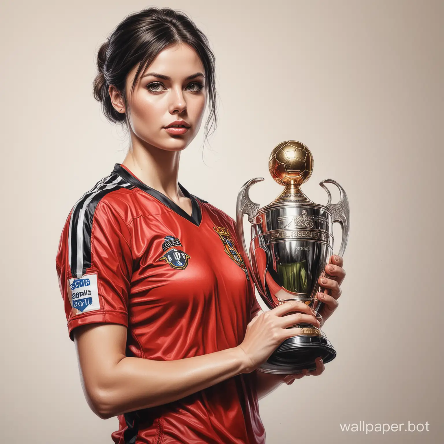 sketch young Svetlana Ivanova 26 years old dark short hair 4 size breasts narrow waist in red and black football kit holding big champions cup white background high realism drawing with colored marker sexy