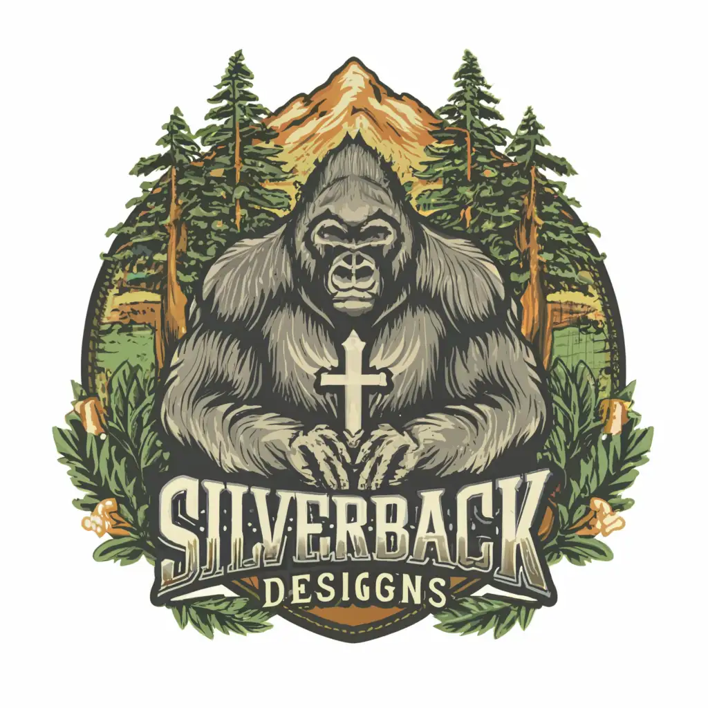 a logo design, with the text 'Silverback Designs', main symbol: Gorilla Christian cross shield pine trees mountains, complex, to be used in Religious industry, clear background