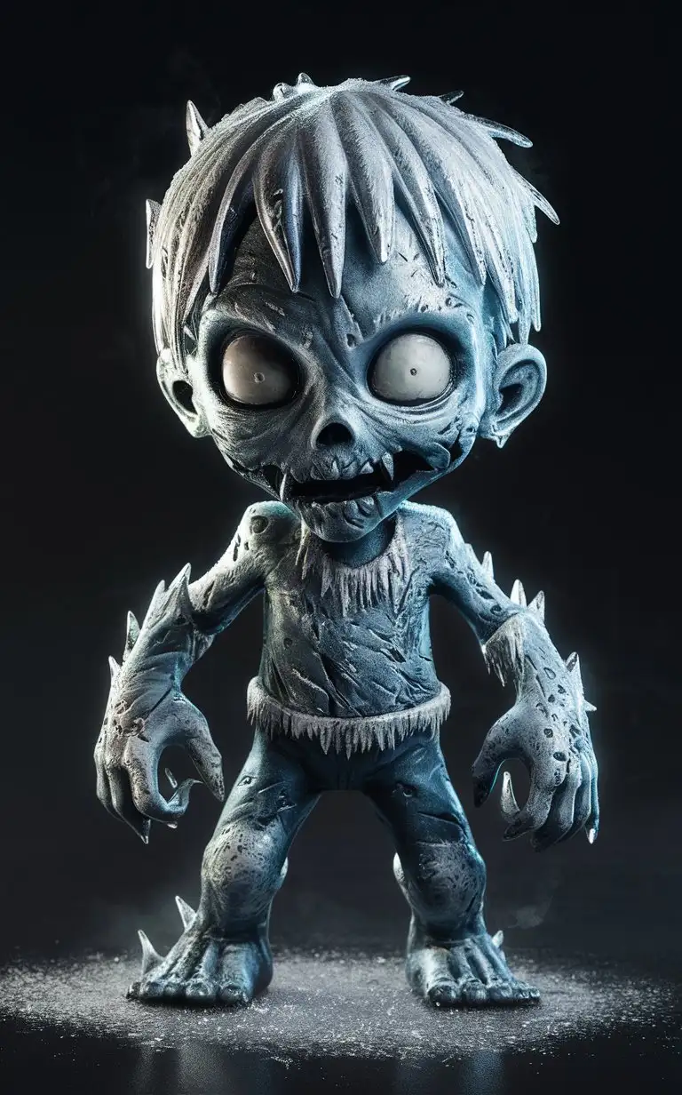 Create a highly detailed 3D cartoon Zombie Apocalypse character portrait render of a full-body uhd Frostbitten Revenant Figurine. Standing at 3.5 inches tall, the figurine emanates an icy chill, its frozen features and haunting expression captured in stunning detail. Crafted from sleek metal alloy, its ethereal form seems to shimmer and shift with every movement, while hand-painted accents highlight its frost-covered limbs and hollow eyes. Rendered in breathtaking 8k16k anime style with intricate detailing and glossy lines, this Frostbitten Revenant Figurine is a haunting addition to any collection.