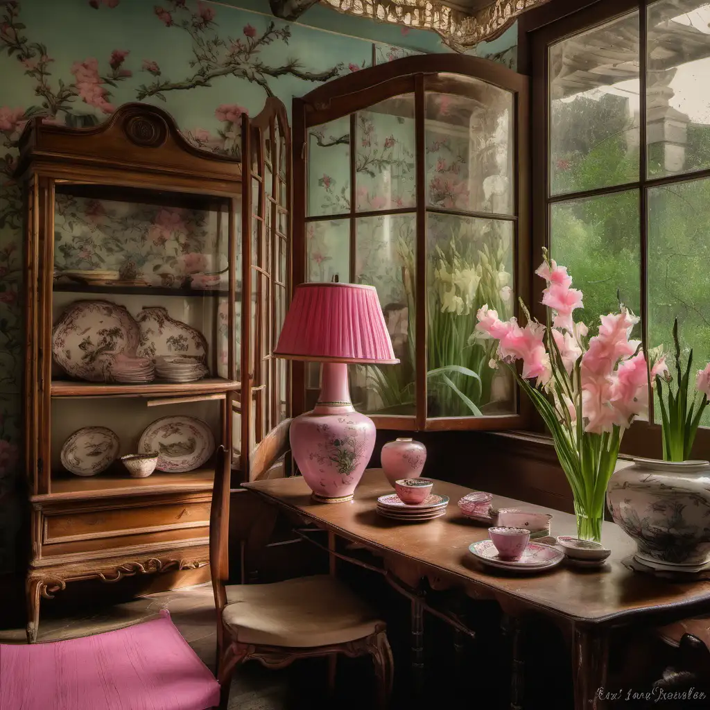 Pink chinoiserie wallpaper, vintage floral vase of gladiolus, chipped painted furniture, old antique chinoiserie dishes on old table