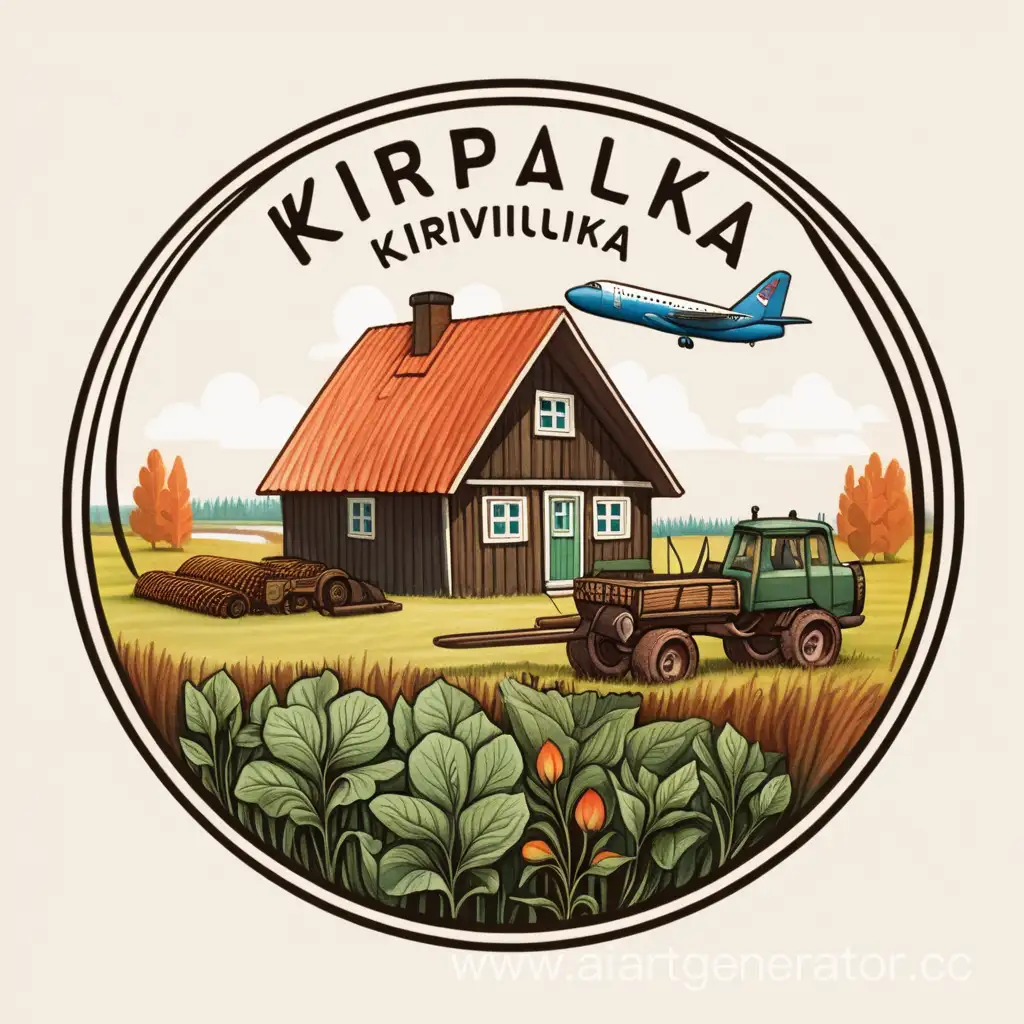 логотип садоводческого поселка с российским самолетом, домиком и добычей торфа.  С именем Кирилловка