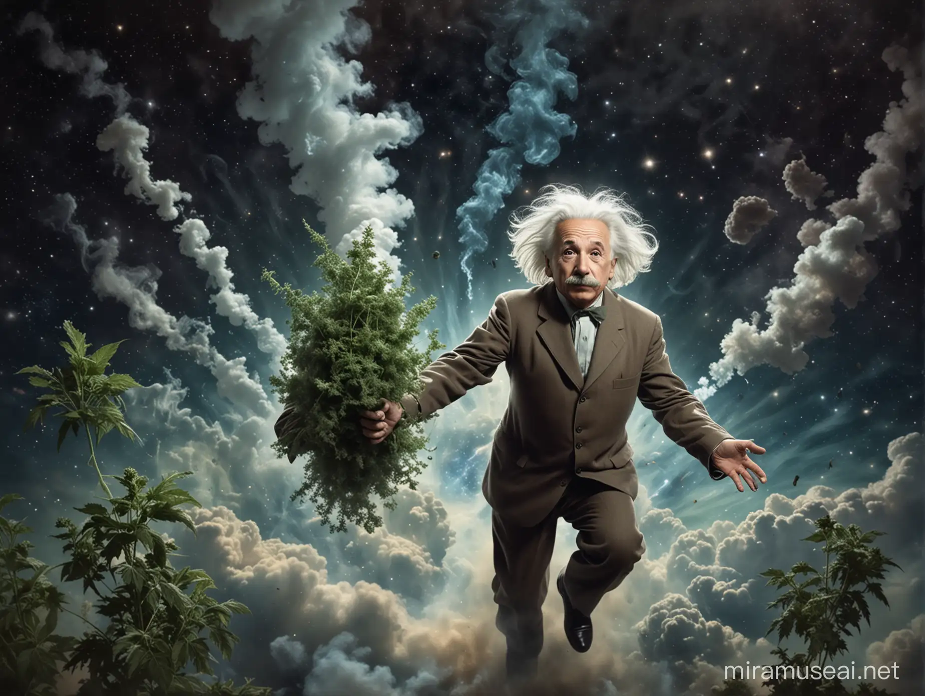 Einstein levitating in space, surrounded by weed and smoke