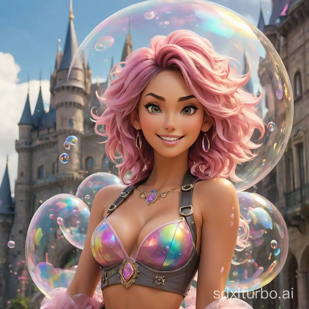 Busty gyaru fairy Megan Fox,close-up,wearing underboob style,cyberpunk haircut hair style,rainbow wings,inside a huge soap bubble,flying over a fairy-tale kingdom with tall castles and ornate buildings,smiling sweetly,many clouds,pink rain,style raw,different angle,ultra real photograph.