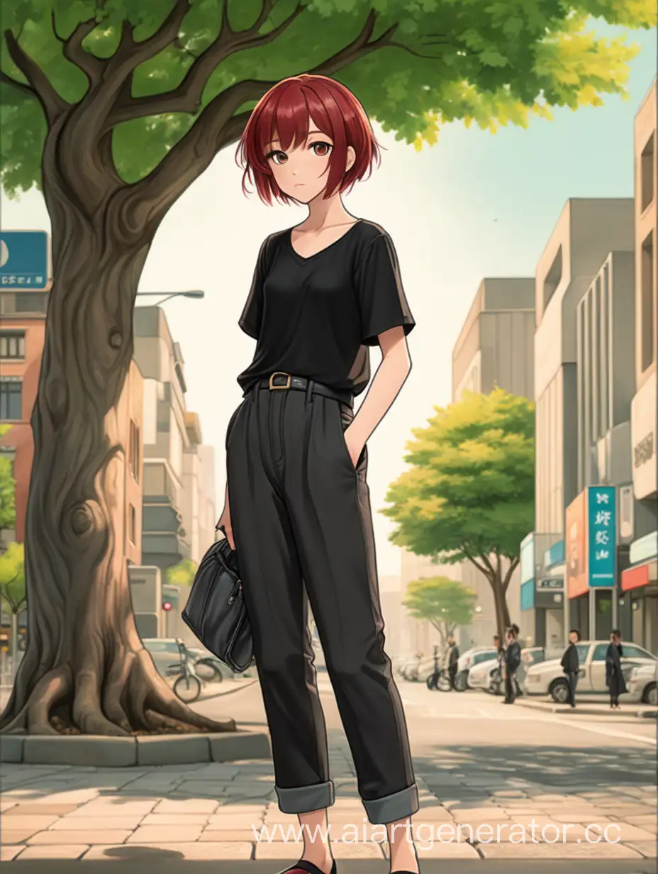 Urban-Anime-Girl-with-Short-Dark-Red-Hair-Under-a-Tree