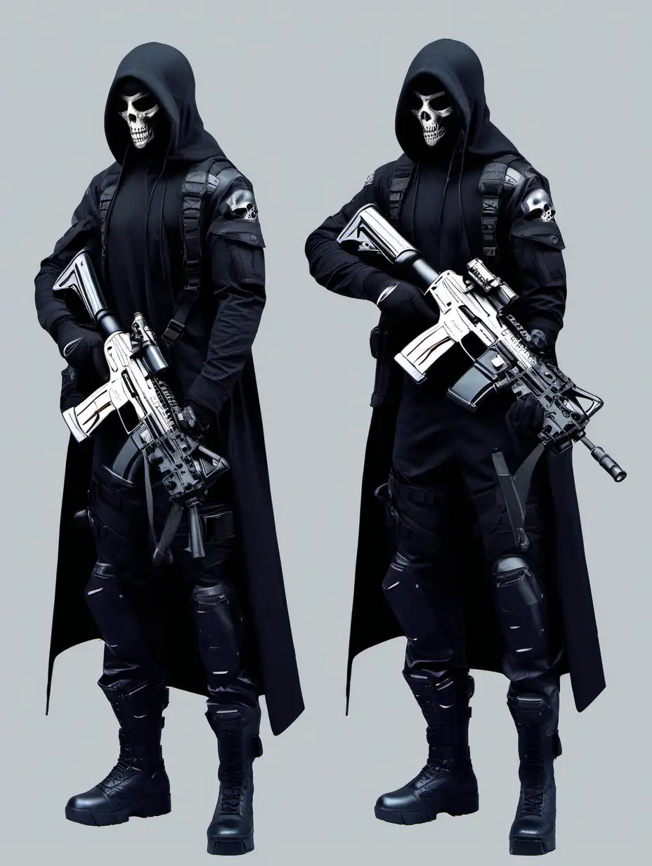 male, special forces, futuristic black military outfit, G36K rifle in hand, multiple poses, black skull mask, black cloak